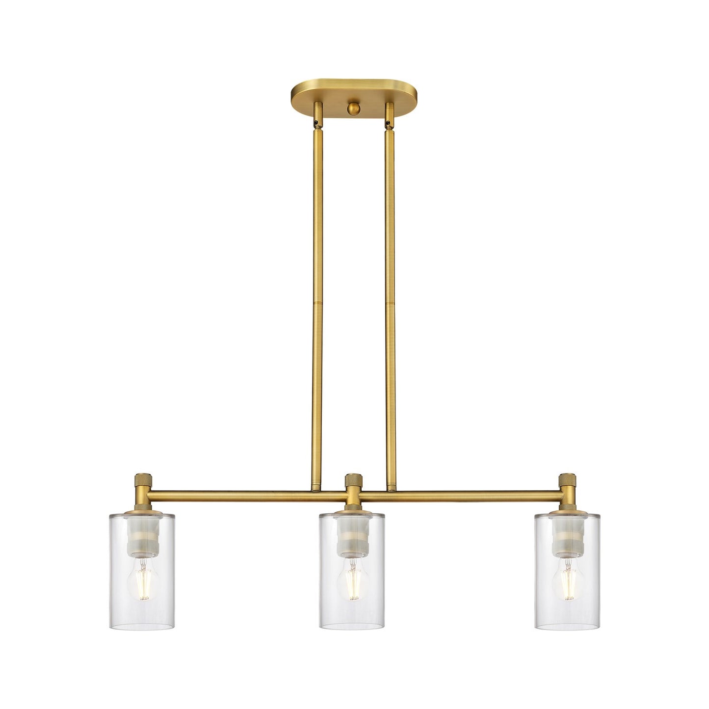 Innovations Clymer 31in 3-Light Island Light | Industrial Brushed Brass and Clear Glass | Kitchen Island & Dining Room | Model 434-3I-BB-G802