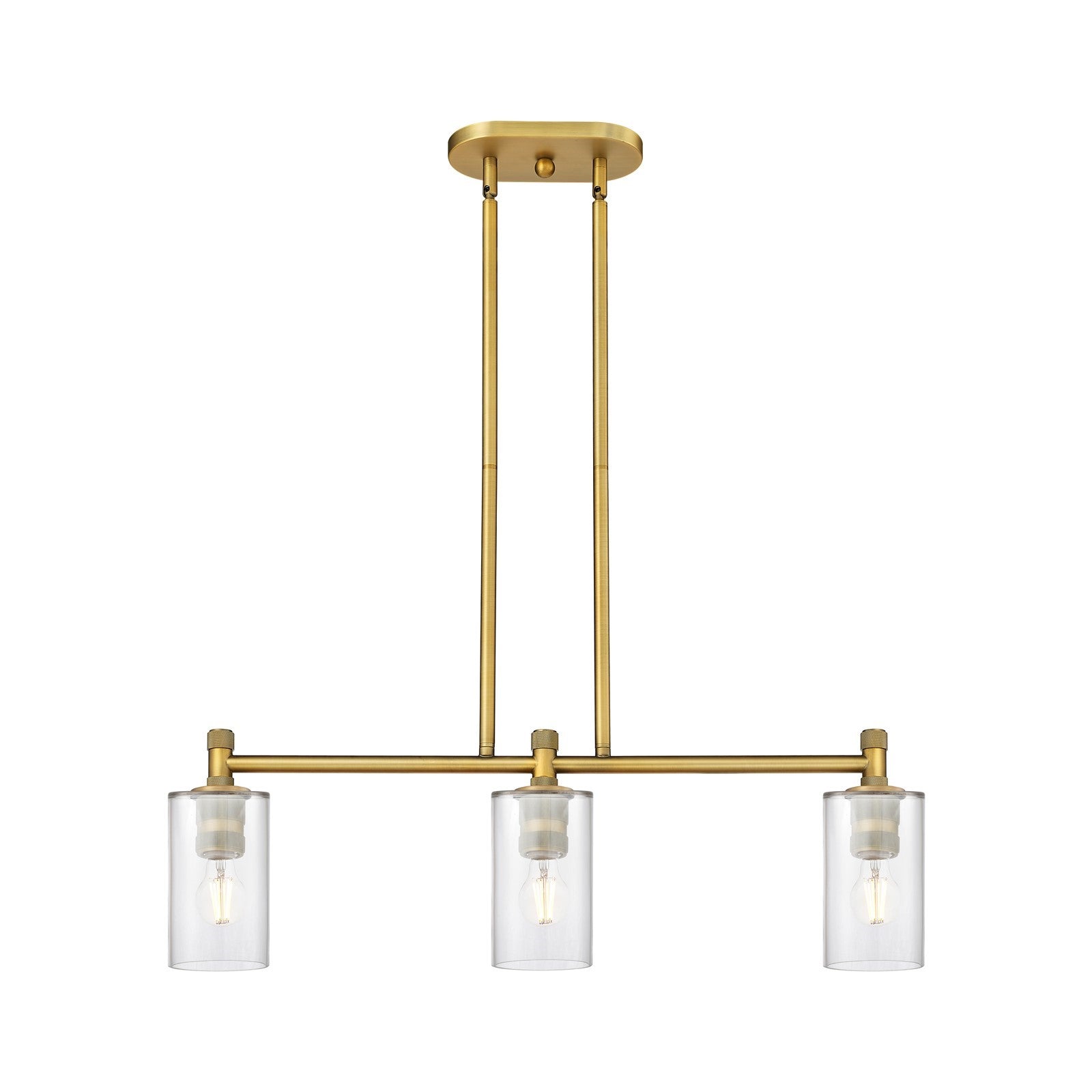 Innovations Clymer 31in 3-Light Island Light | Industrial Brushed Brass and Clear Glass | Kitchen Island & Dining Room | Model 434-3I-BB-G802