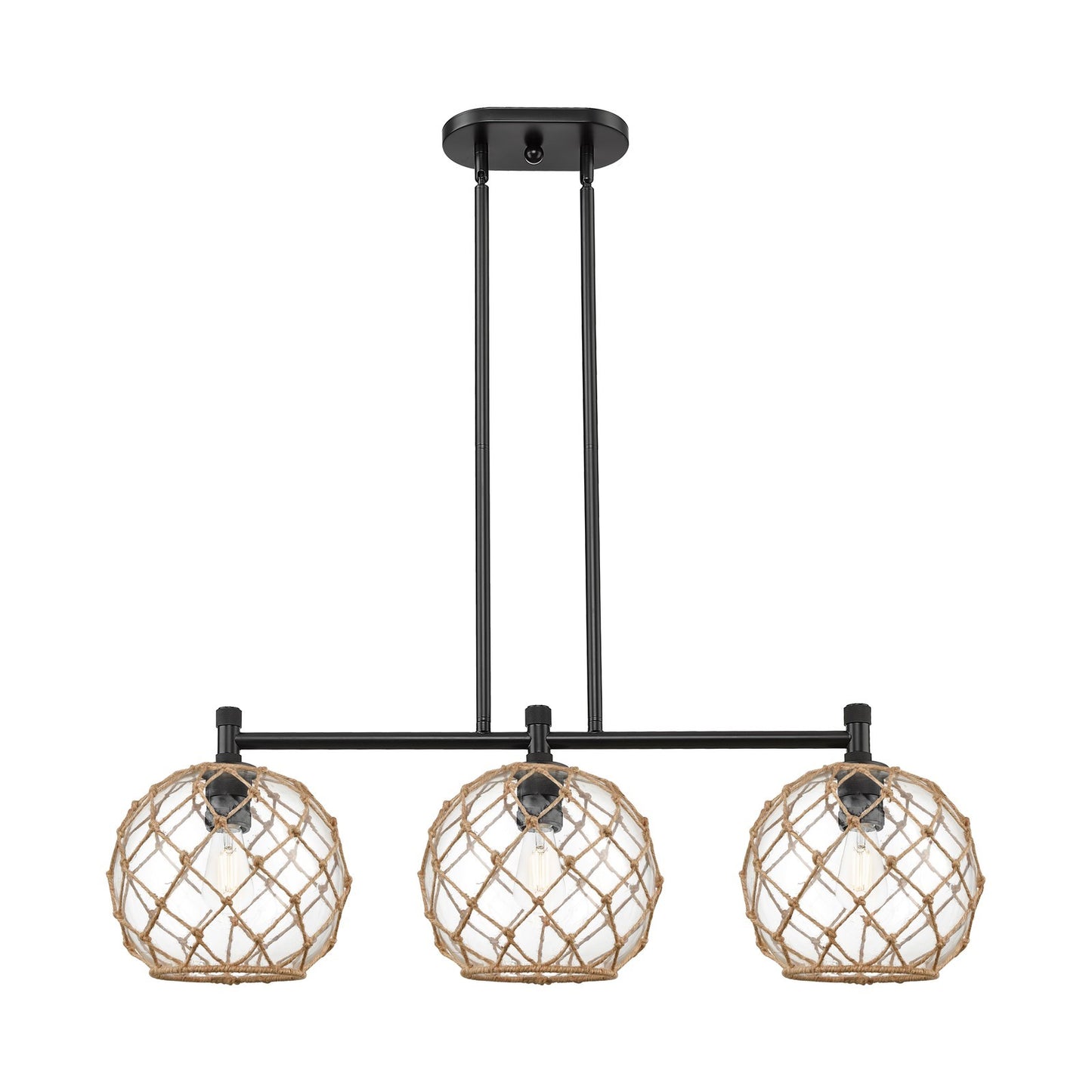 Innovations Farmhouse Rope 37in 3-Light Island Light | Industrial Matte Black and Clear Glass with Brown Rope | Kitchen | Model 434-3I-BK-G122-10RB