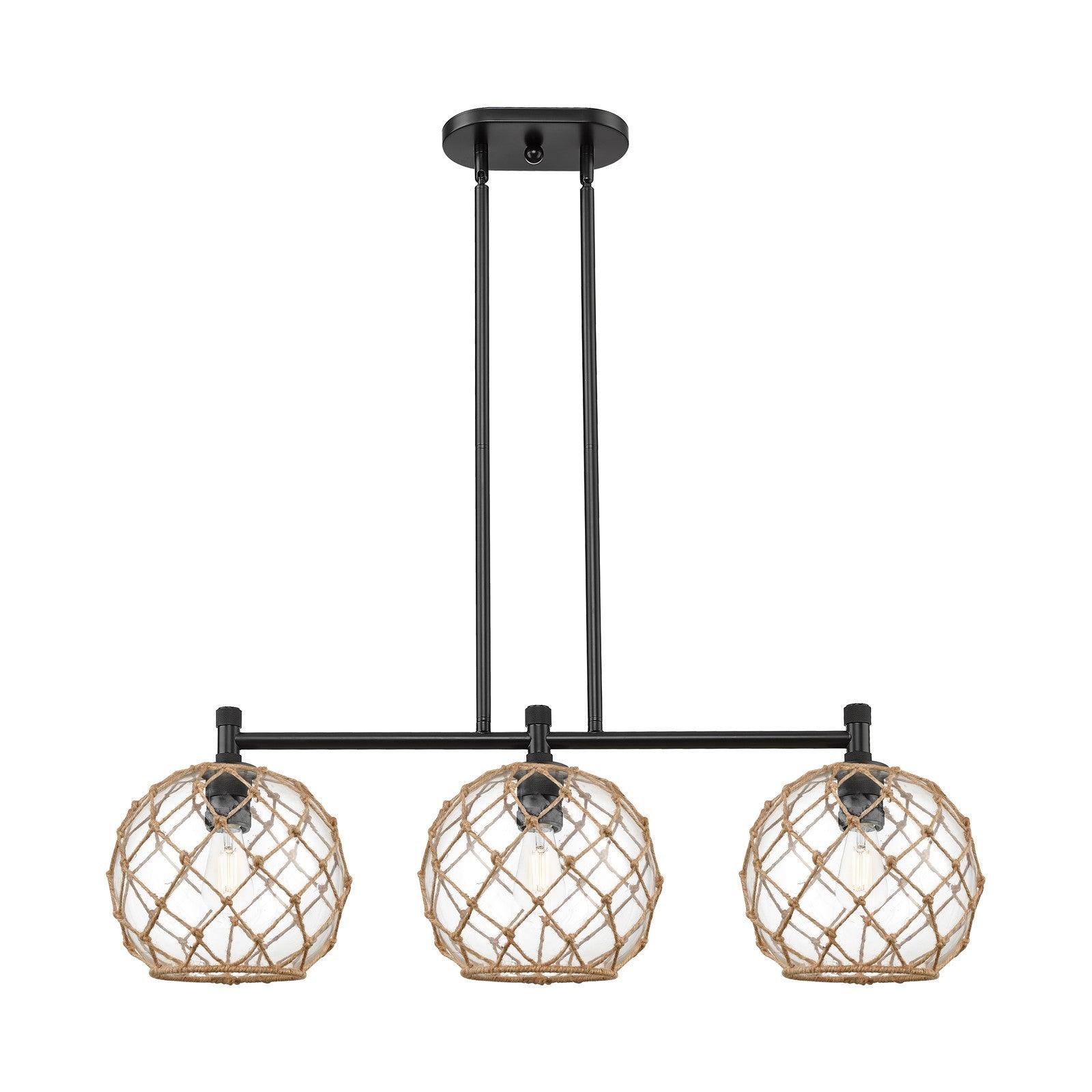 Innovations Farmhouse Rope 37in 3-Light Island Light | Industrial Matte Black and Clear Glass with Brown Rope | Kitchen | Model 434-3I-BK-G122-10RB