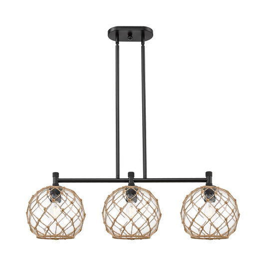 Innovations Farmhouse Rope 37in 3-Light Island Light | Industrial Matte Black and Clear Glass with Brown Rope | Kitchen | Model 434-3I-BK-G122-10RB