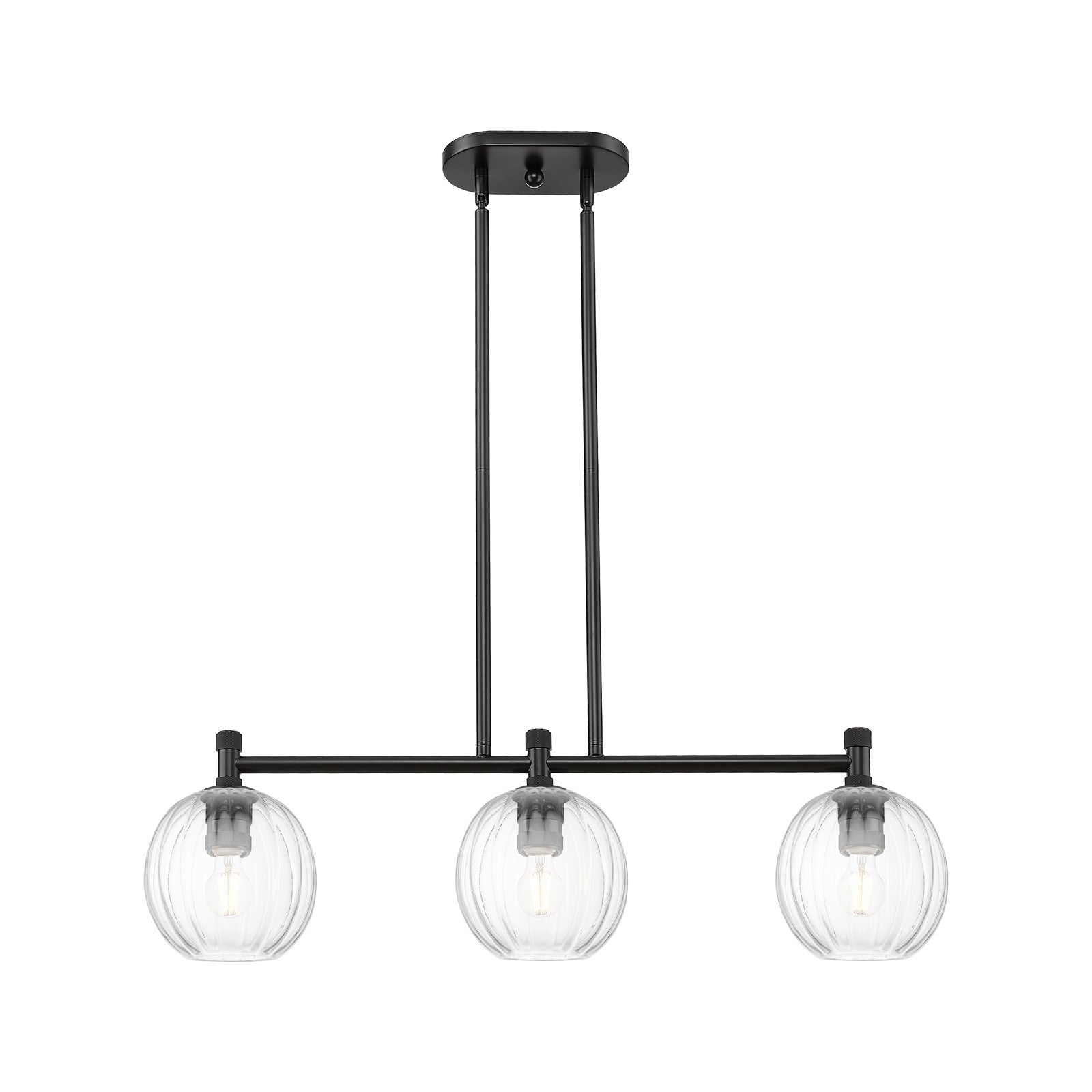 Innovations Preston Globe 34in 3-Light Island Light | Industrial Matte Black and Clear Glass | Kitchen Island & Dining | Model 434-3I-BK-G458-7CL