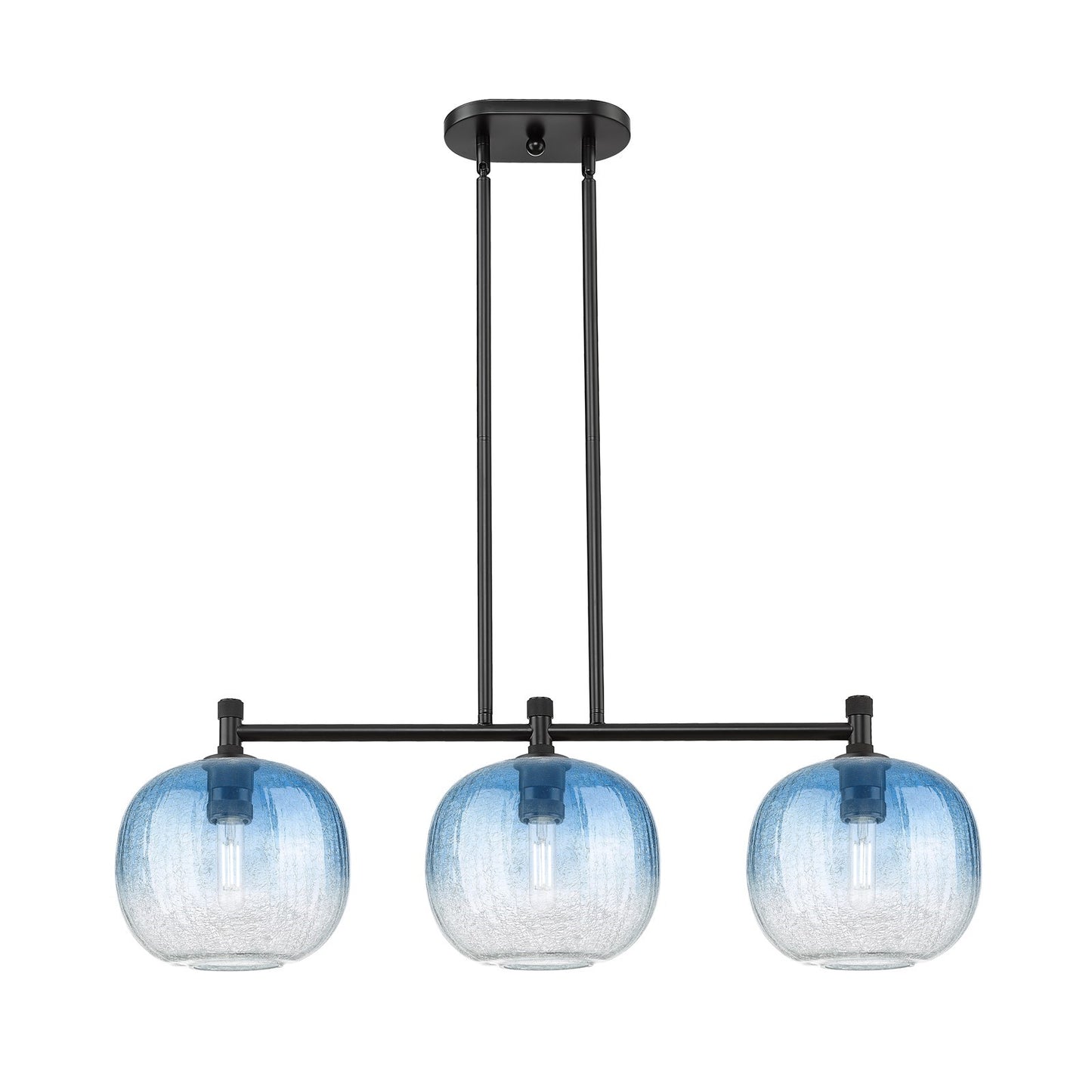 Innovations Brookhaven Sphere 37in 3-Light Island Pendant | Industrial Matte Black and Sapphire Blue Glass | Kitchen | Model 434-3I-BK-G481-10SB