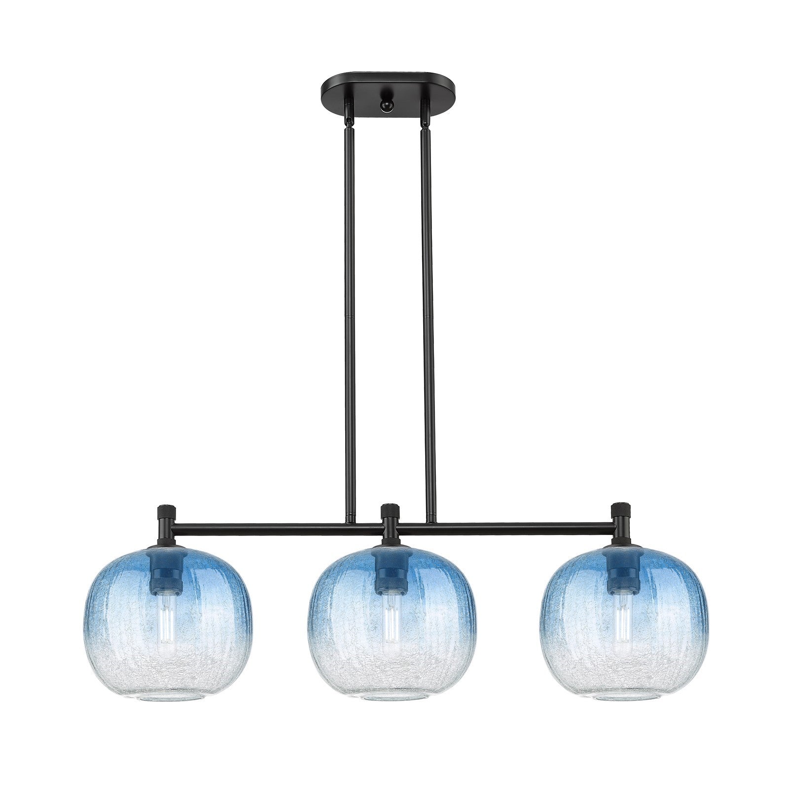 Innovations Brookhaven Sphere 37in 3-Light Island Pendant | Industrial Matte Black and Sapphire Blue Glass | Kitchen | Model 434-3I-BK-G481-10SB