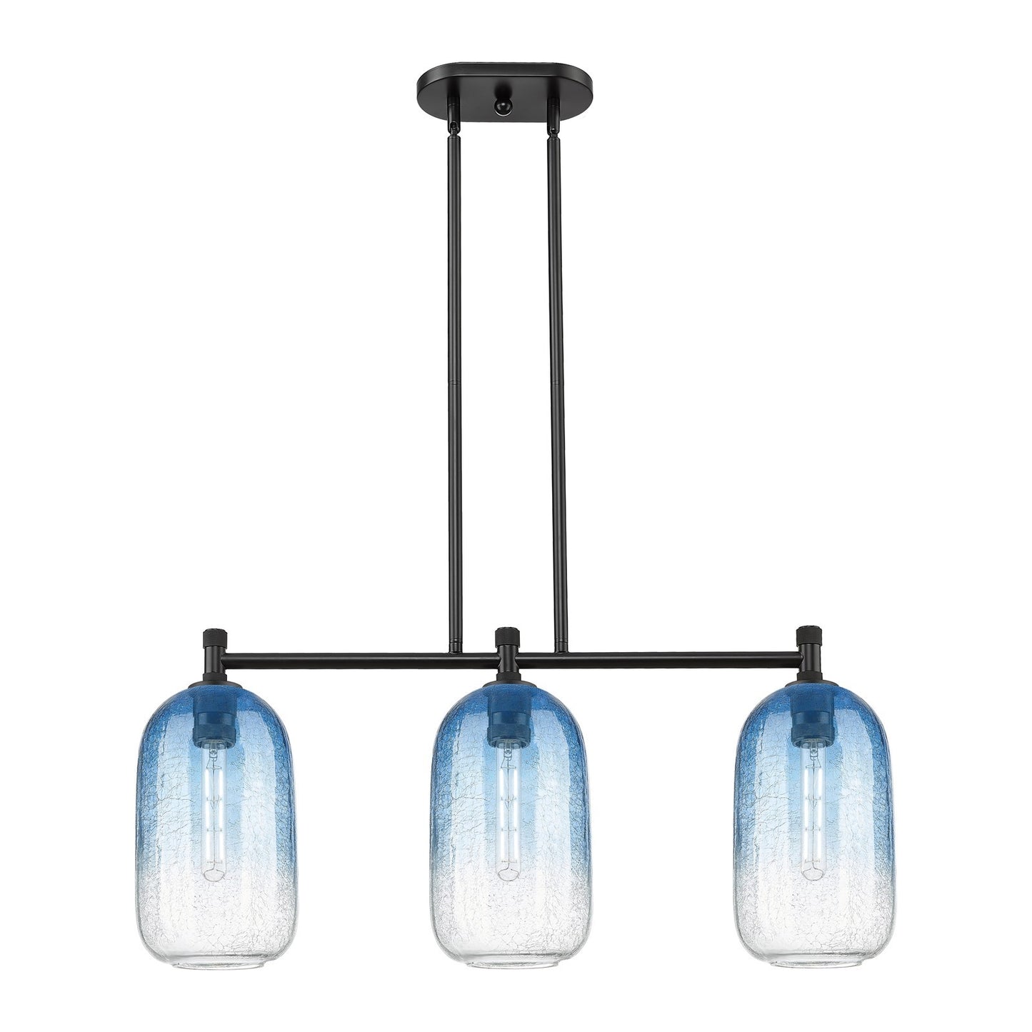 Innovations Brookhaven Cloche 34in 3-Light Island Pendant | Industrial Matte Black and Sapphire Blue Glass | Kitchen | Model 434-3I-BK-G482-7SB