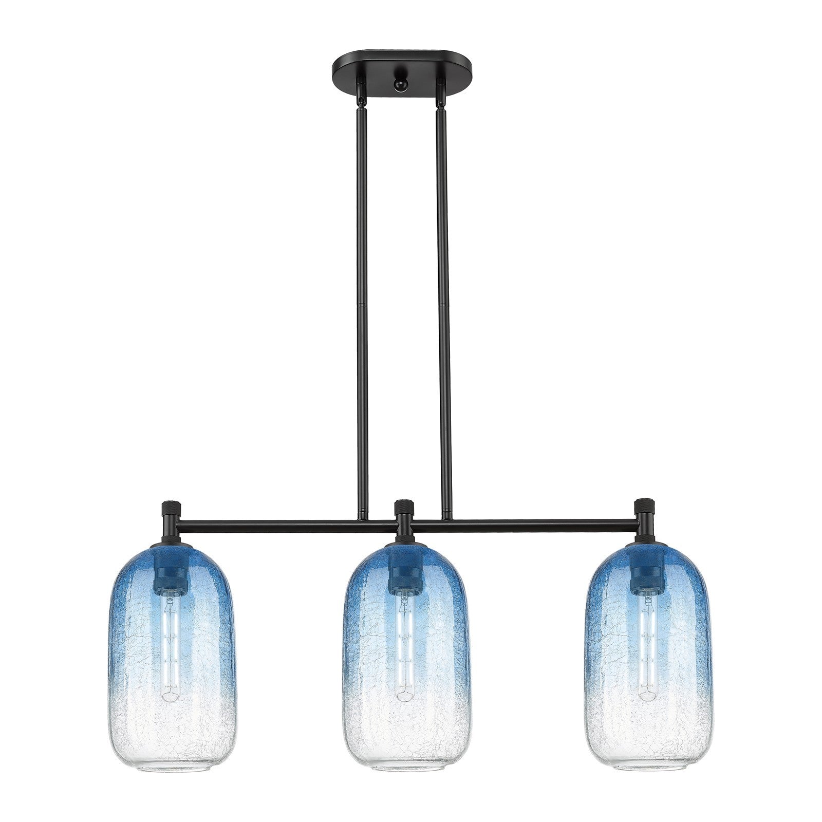 Innovations Brookhaven Cloche 34in 3-Light Island Pendant | Industrial Matte Black and Sapphire Blue Glass | Kitchen | Model 434-3I-BK-G482-7SB