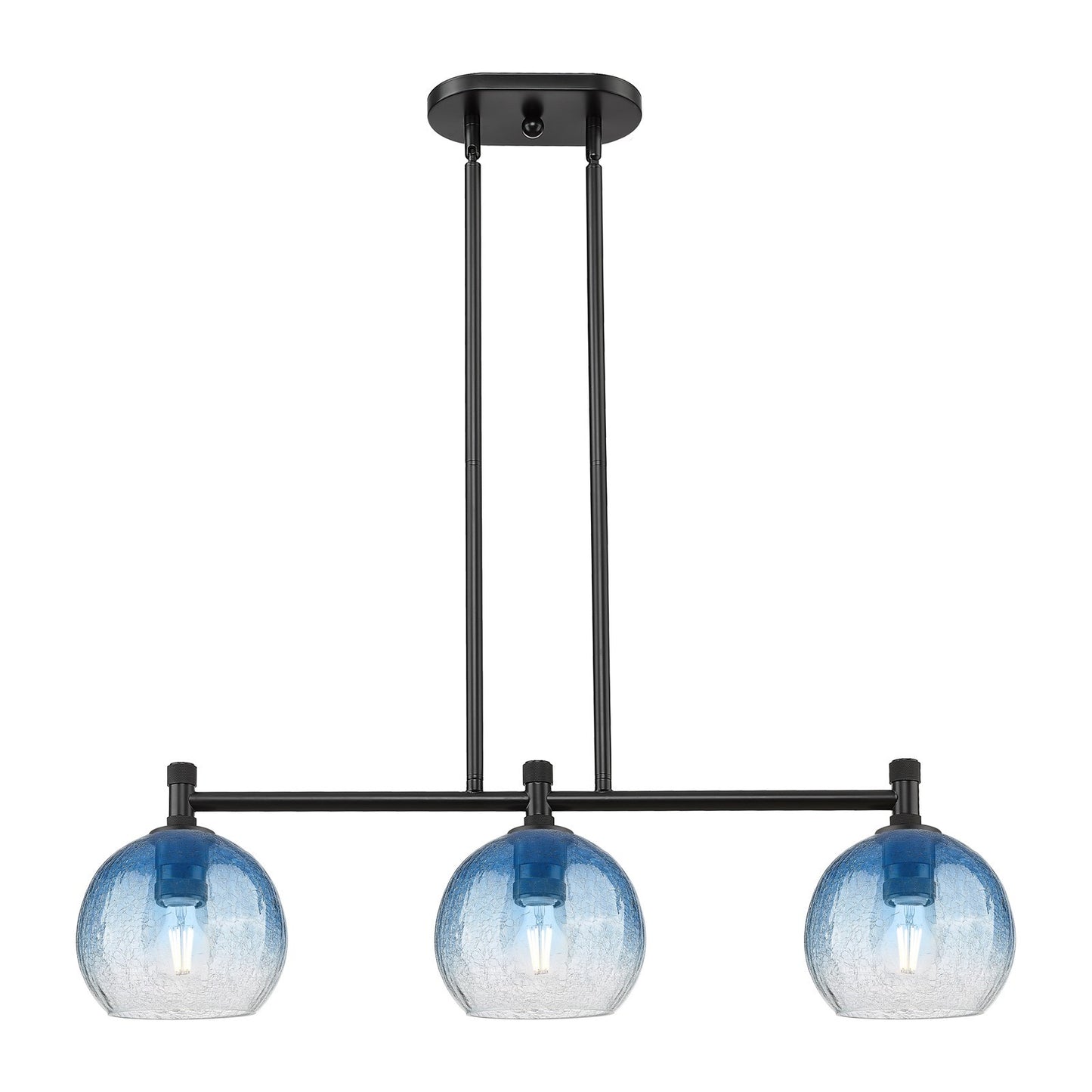 Innovations Brookhaven Globe 35in 3-Light Island Pendant | Industrial Matte Black and Sapphire Blue Glass | Kitchen Island | Model 434-3I-BK-G483-8SB