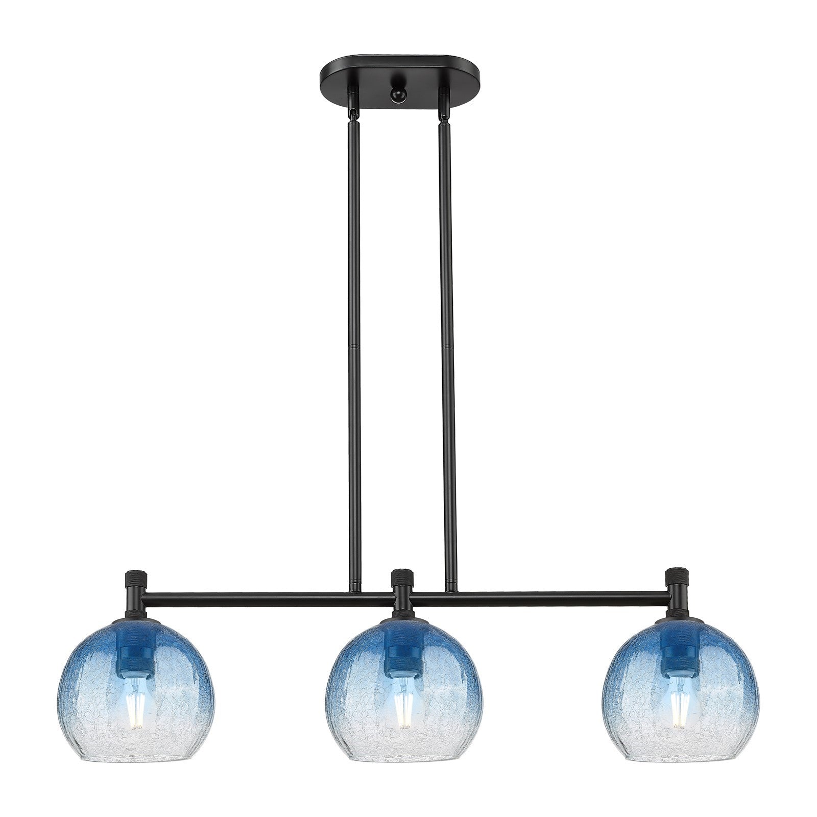Innovations Brookhaven Globe 35in 3-Light Island Pendant | Industrial Matte Black and Sapphire Blue Glass | Kitchen Island | Model 434-3I-BK-G483-8SB