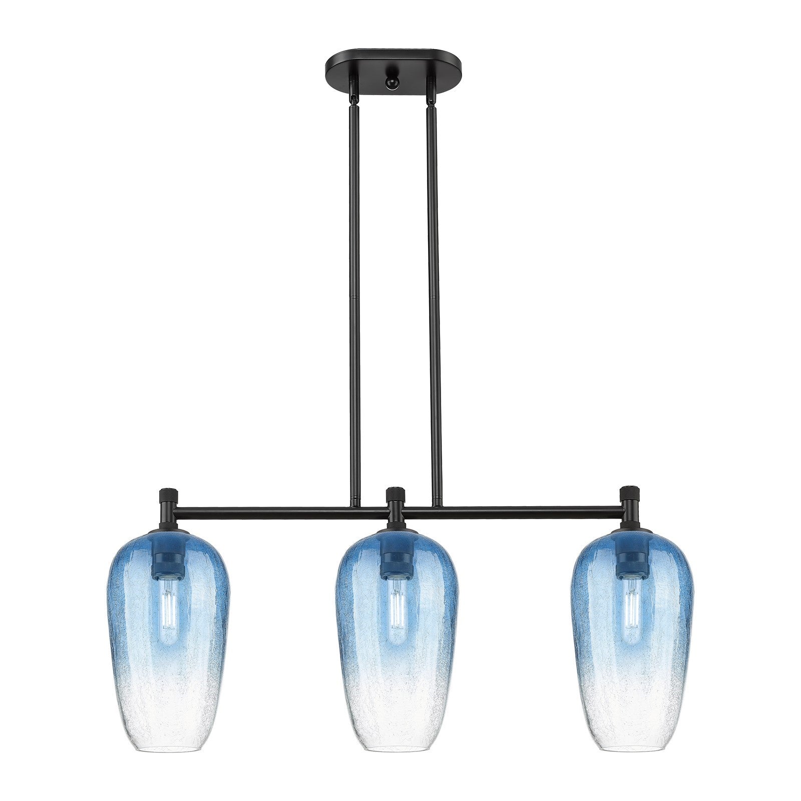 Innovations Brookhaven Flute 34in 3-Light Island Light | Industrial Matte Black and Sapphire Blue Glass | Kitchen Island | Model 434-3I-BK-G484-7SB
