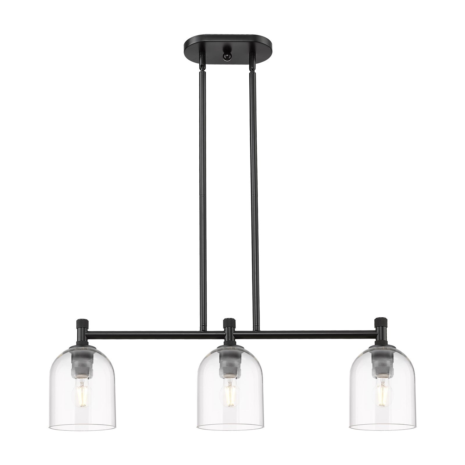 Innovations Bella 33in 3-Light Island Light | Industrial Matte Black and Clear Glass | Kitchen Island & Dining Room | Model 434-3I-BK-G558-6CL