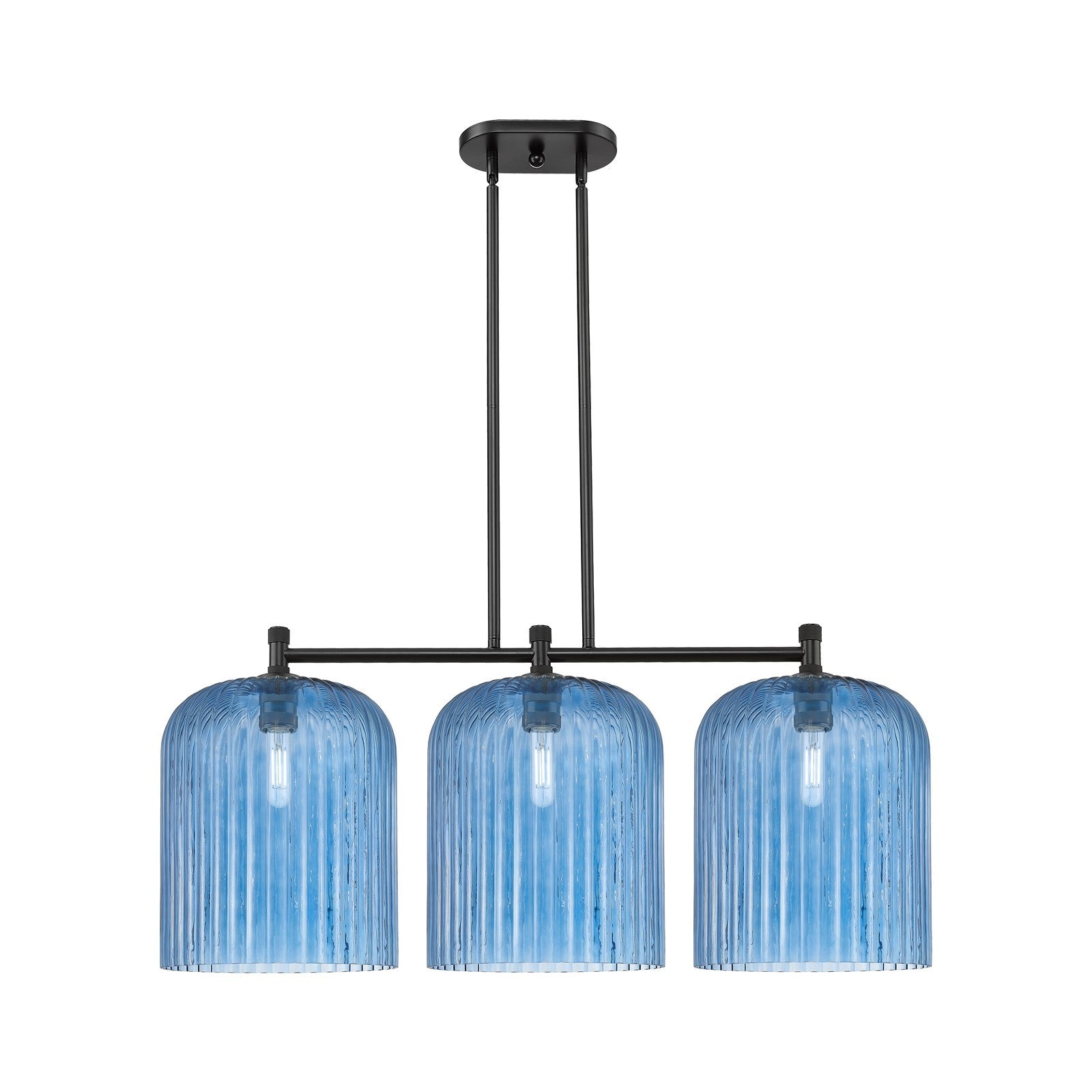 Innovations Crown Point 39in 3-Light Island Light | Industrial Matte Black and Princess Blue Glass | Kitchen Island | Model 434-3I-BK-G559-12BL