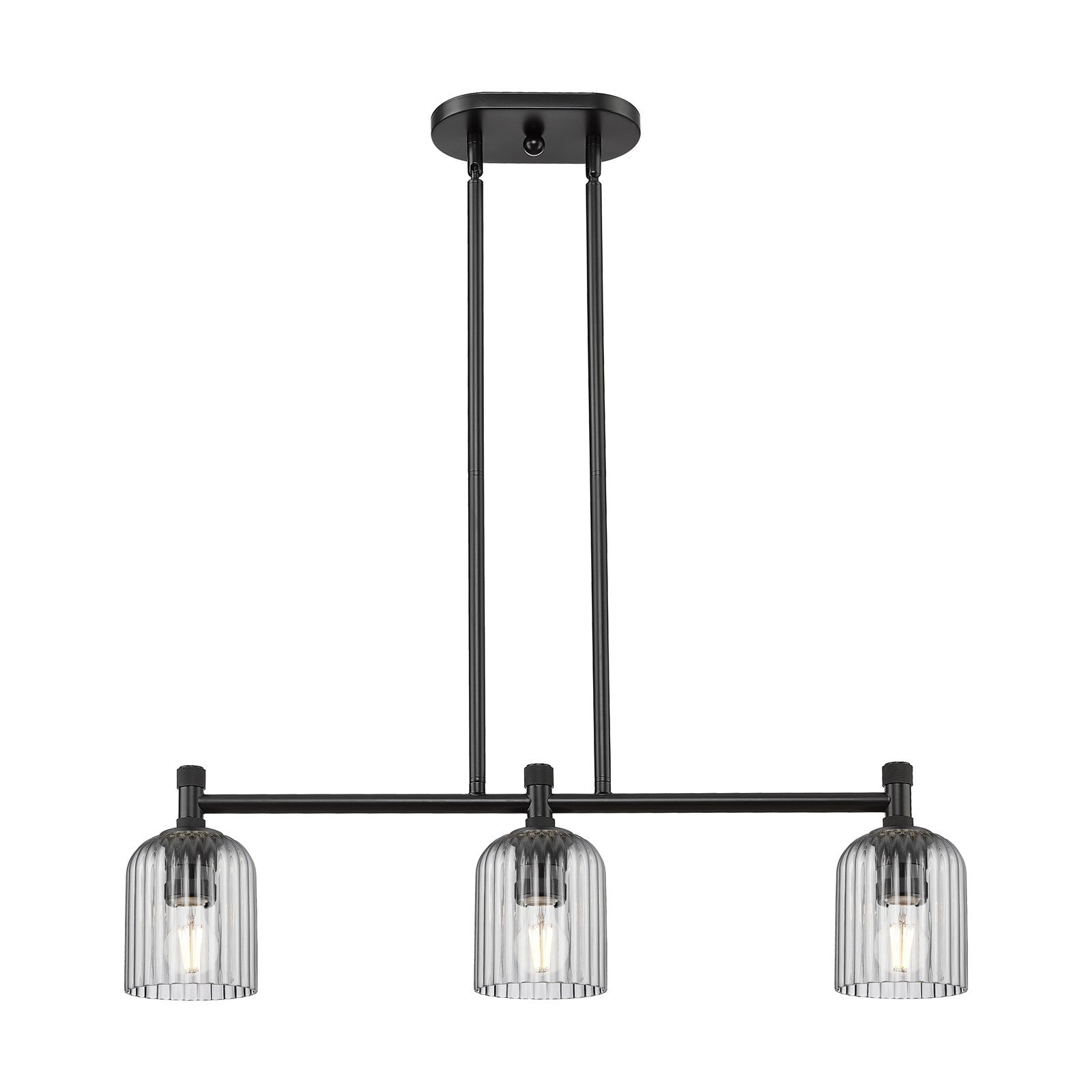 Innovations Crown Point 32in 3-Light Island Light | Industrial Matte Black and Light Smoke Glass | Kitchen Island & Dining | Model 434-3I-BK-G559-5SM