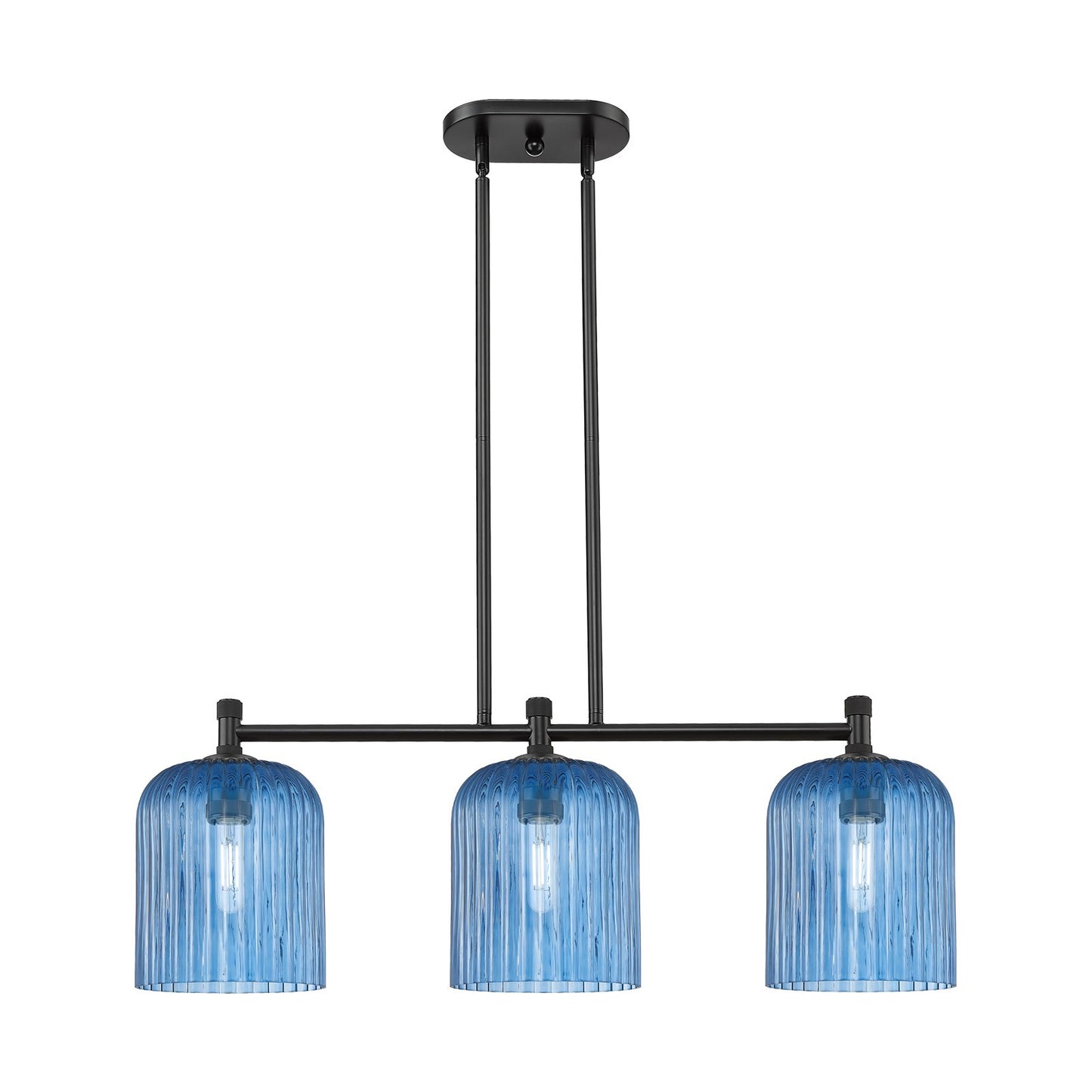 Innovations Crown Point 35in 3-Light Island Light | Industrial Matte Black and Princess Blue Glass | Kitchen Island | Model 434-3I-BK-G559-8BL