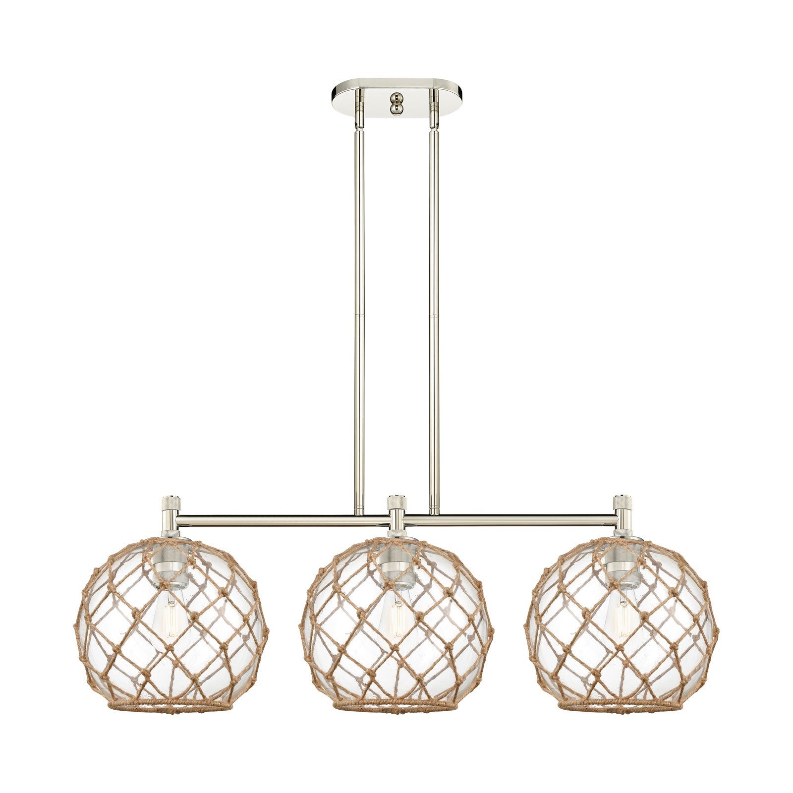 Innovations Farmhouse Rope 37in 3-Light Island Light | Industrial Polished Nickel and Clear Glass Brown Rope | Kitchen | Model 434-3I-PN-G122-10RB
