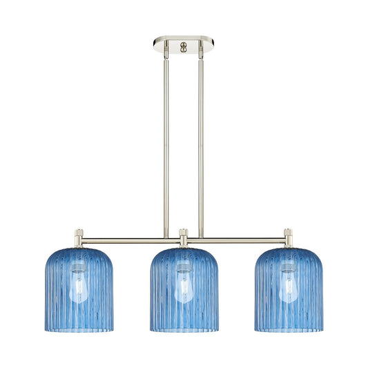 Innovations Crown Point 35in 3-Light Island Light | Industrial Polished Nickel and Princess Blue Glass | Kitchen Island | Model 434-3I-PN-G559-8BL