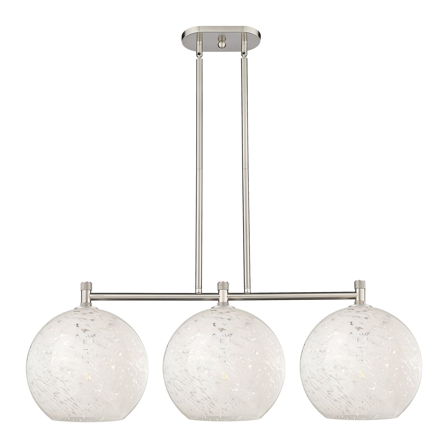 Innovations White Mouchette 39in 3-Light Island Light | Industrial Satin Nickel and White Glass | Kitchen Island | Model 434-3I-SN-G1216-12WM