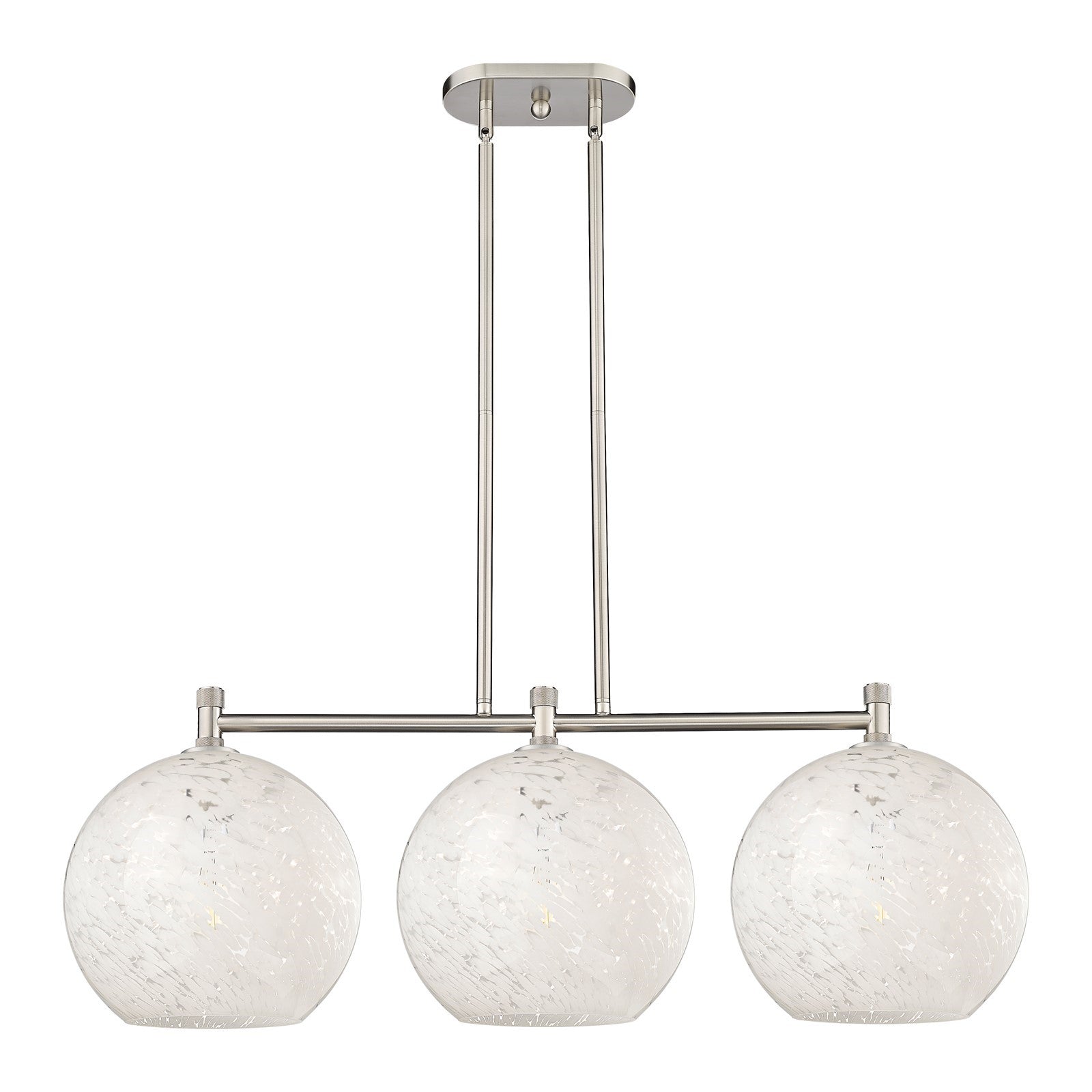 Innovations White Mouchette 39in 3-Light Island Light | Industrial Satin Nickel and White Glass | Kitchen Island | Model 434-3I-SN-G1216-12WM