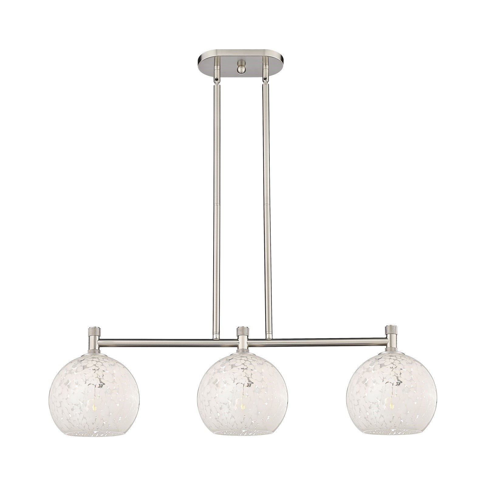 Innovations White Mouchette 35in 3-Light Island Light | Industrial Satin Nickel and White Glass | Kitchen Island & Dining | Model 434-3I-SN-G1216-8WM