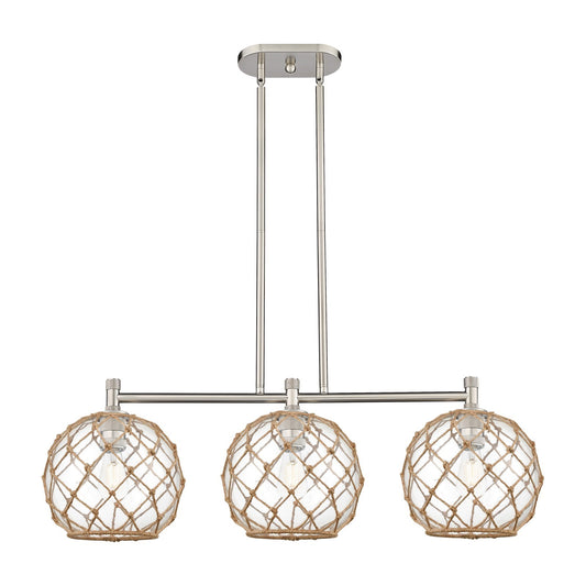 Innovations Farmhouse Rope 37in 3-Light Island Light | Industrial Satin Nickel and Clear Glass Brown Rope | Kitchen | Model 434-3I-SN-G122-10RB
