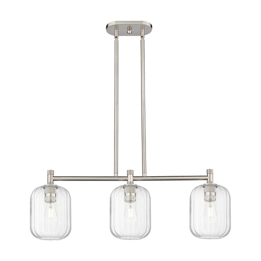 Innovations Preston Cylinder 33in 3-Light Island Light | Industrial Satin Nickel and Clear Glass | Kitchen Island & Dining | Model 434-3I-SN-G460-7CL
