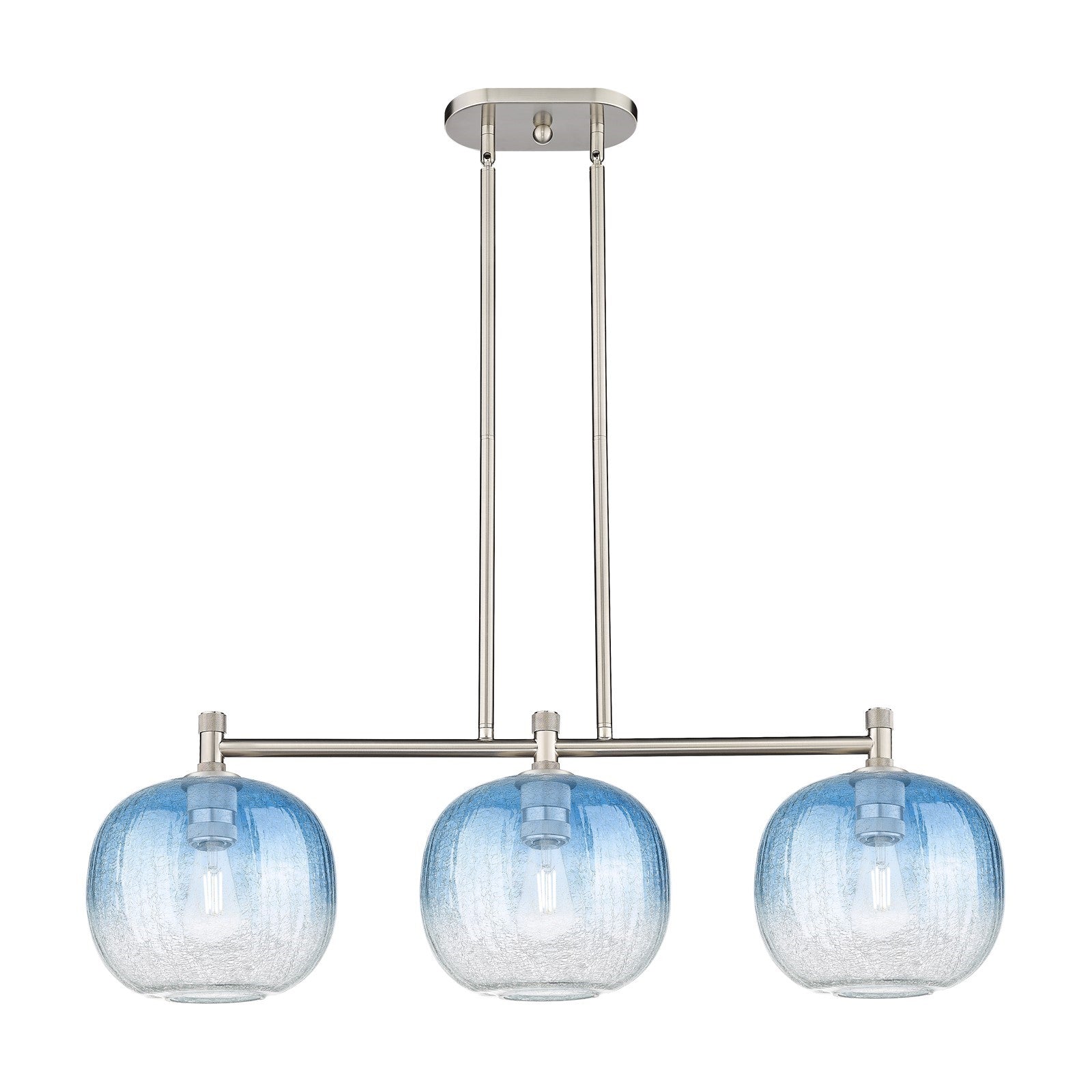 Innovations Brookhaven Sphere 37in 3-Light Island Light | Industrial Satin Nickel and Sapphire Blue Glass | Kitchen | Model 434-3I-SN-G481-10SB