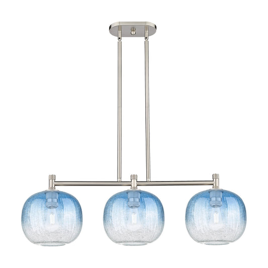 Innovations Brookhaven Sphere 37in 3-Light Island Light | Industrial Satin Nickel and Sapphire Blue Glass | Kitchen | Model 434-3I-SN-G481-10SB