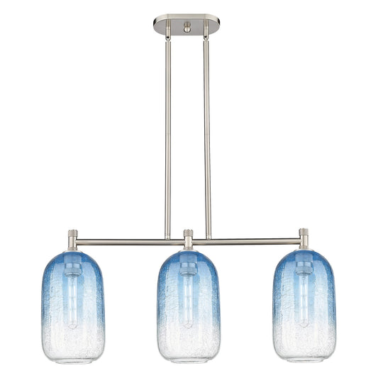 Innovations Brookhaven Cloche 34in 3-Light Island Light | Industrial Satin Nickel and Sapphire Blue Glass | Kitchen Island | Model 434-3I-SN-G482-7SB