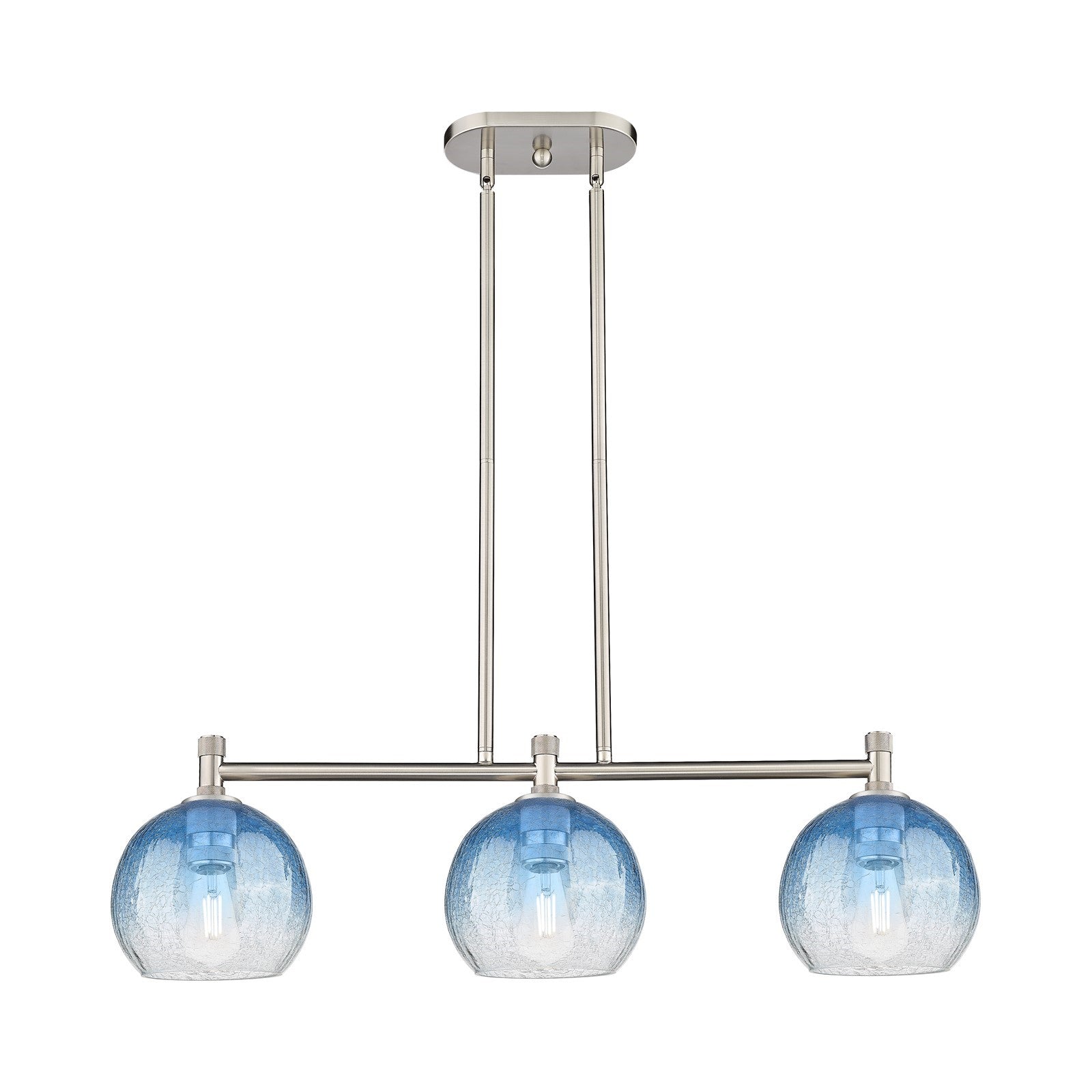 Innovations Brookhaven Globe 35in 3-Light Island Light | Industrial Satin Nickel and Sapphire Blue Glass | Kitchen Island | Model 434-3I-SN-G483-8SB