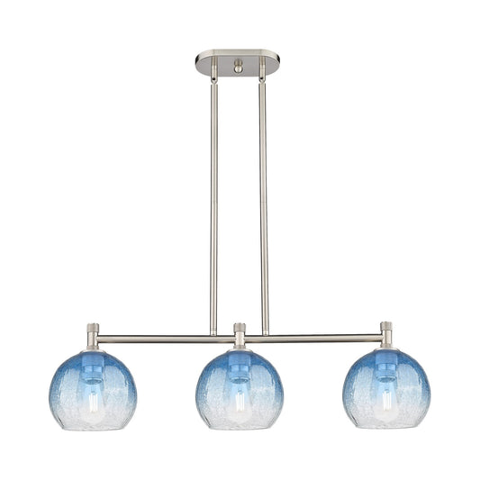 Innovations Brookhaven Globe 35in 3-Light Island Light | Industrial Satin Nickel and Sapphire Blue Glass | Kitchen Island | Model 434-3I-SN-G483-8SB