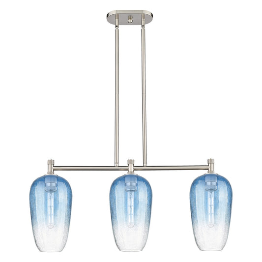 Innovations Brookhaven Flute 34in 3-Light Island Light | Industrial Satin Nickel and Sapphire Blue Glass | Kitchen Island | Model 434-3I-SN-G484-7SB