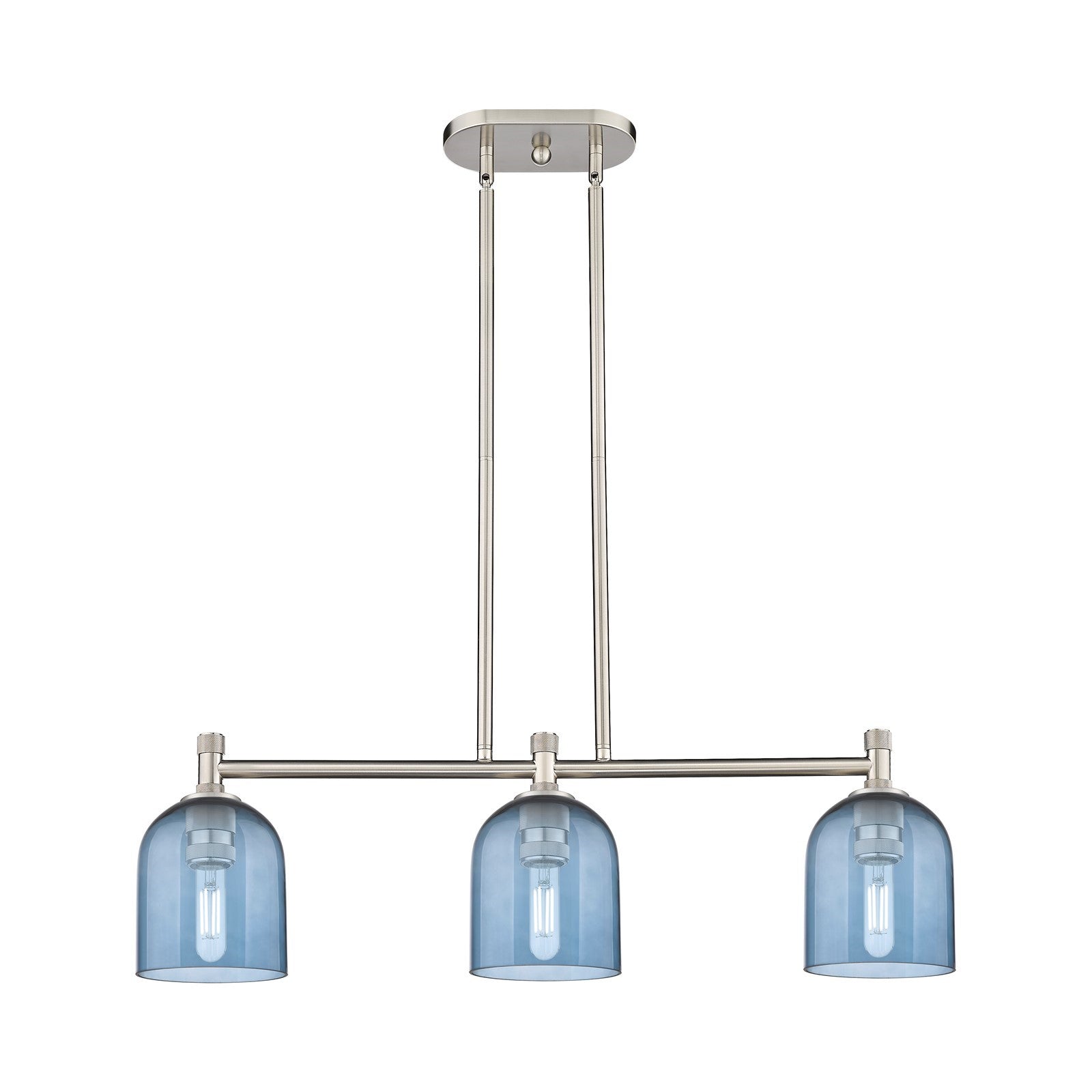 Innovations Bella 32in 3-Light Island Light | Industrial Satin Nickel and Blue Glass | Kitchen Island & Dining Room | Model 434-3I-SN-G558-6BL