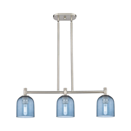 Innovations Bella 32in 3-Light Island Light | Industrial Satin Nickel and Blue Glass | Kitchen Island & Dining Room | Model 434-3I-SN-G558-6BL