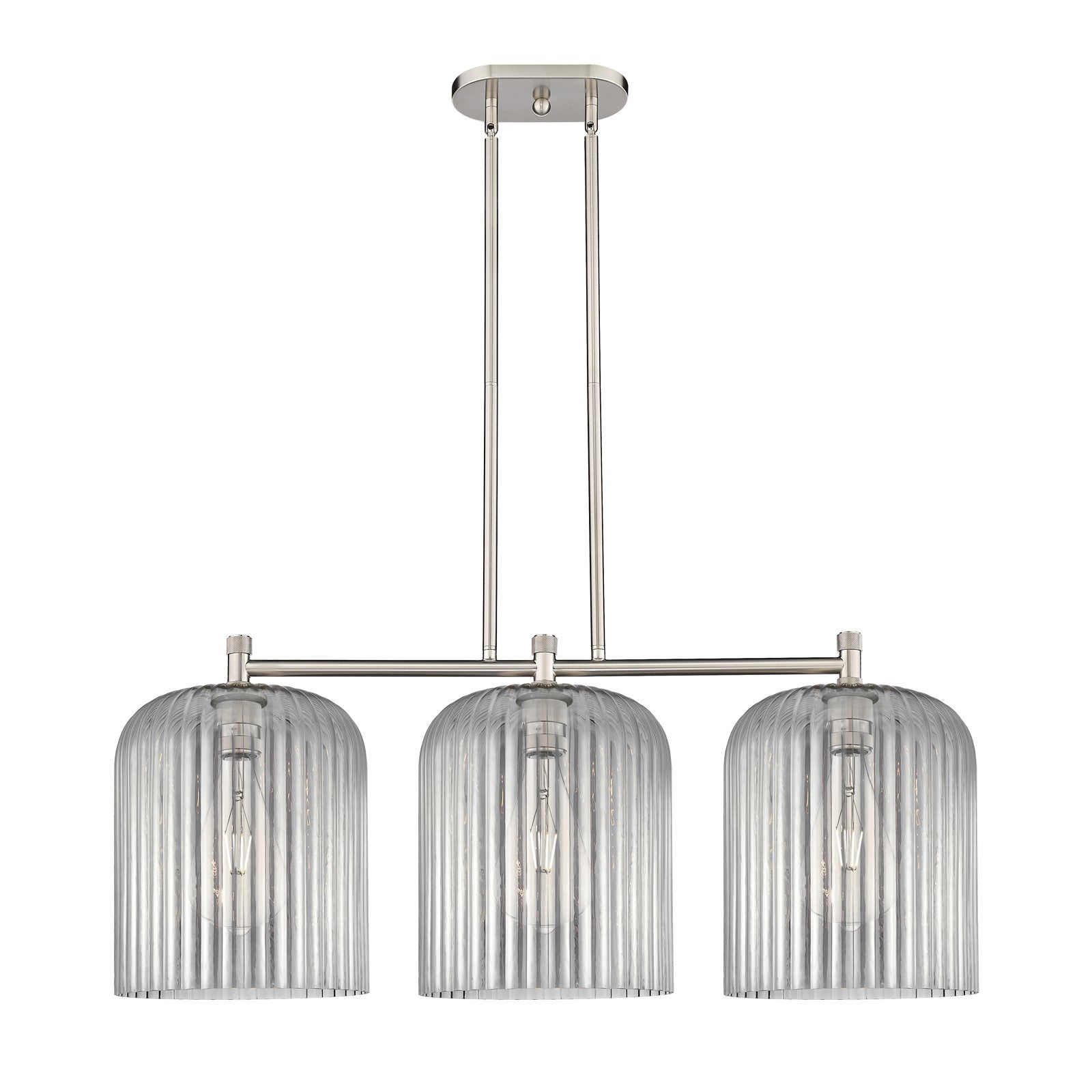 Innovations Crown Point 39in 3-Light Island | Industrial Satin Nickel and Light Smoke Glass | Kitchen Island & Dining | Model 434-3I-SN-G559-12SM