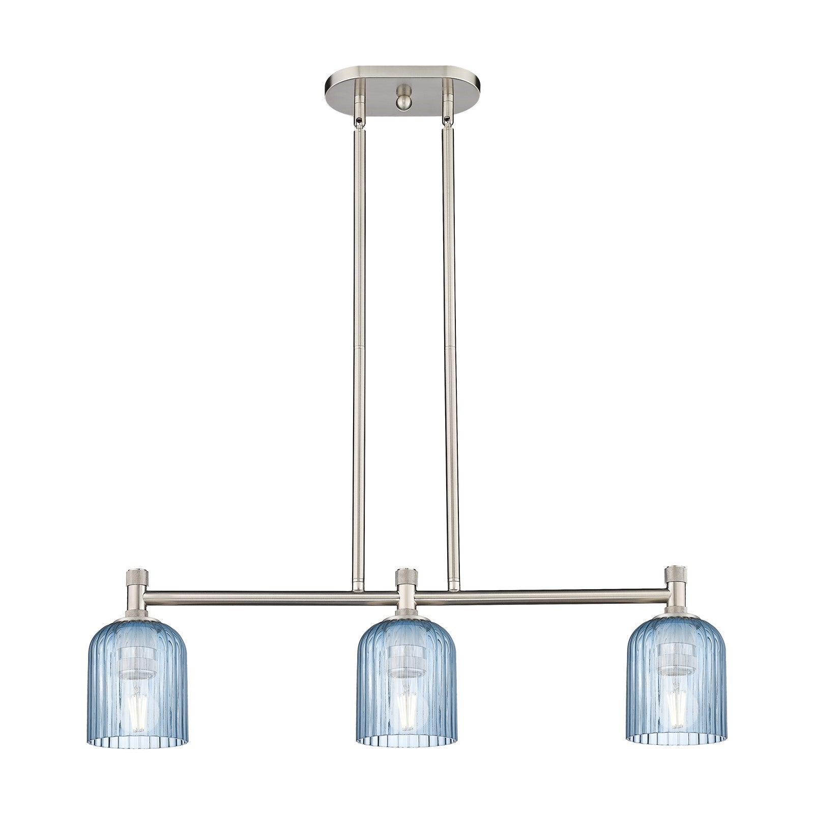 Innovations Crown Point 32in 3-Light Island | Industrial Satin Nickel and Princess Blue Glass | Kitchen Island & Dining | Model 434-3I-SN-G559-5BL
