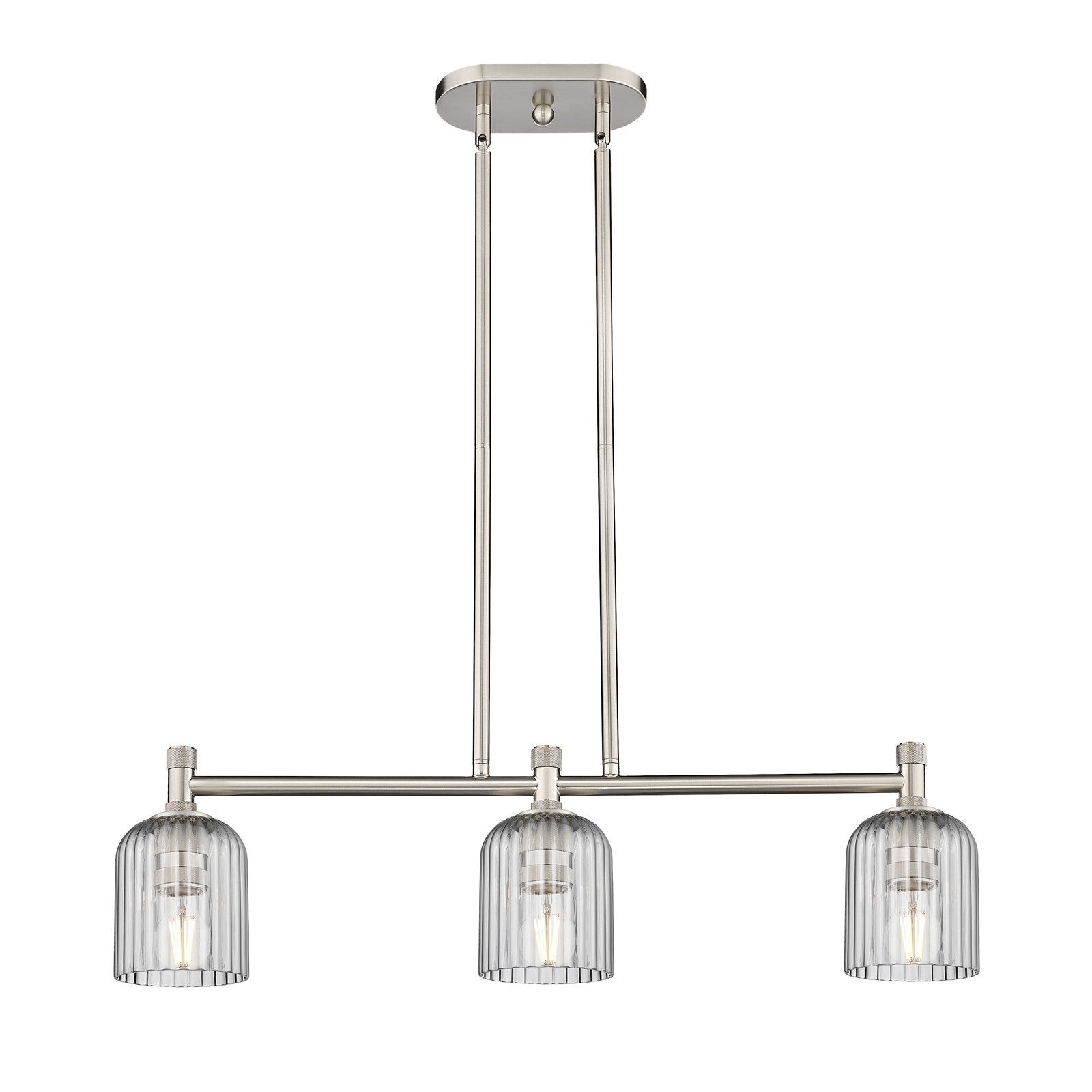 Innovations Crown Point 32in 3-Light Island Light | Industrial Satin Nickel and Light Smoke Glass | Kitchen Island | Model 434-3I-SN-G559-5SM