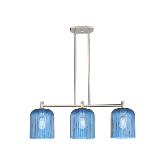 Innovations Crown Point 35in 3-Light Island Light | Industrial Satin Nickel and Princess Blue Glass | Kitchen Island | Model 434-3I-SN-G559-8BL