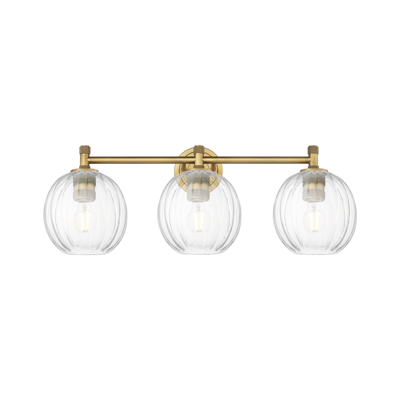 Innovations Preston Globe 25in 3-Light Bath Vanity | Industrial Brushed Brass and Clear Glass | Bathroom Vanity Light | Model 434-3W-BB-G458-7CL