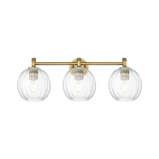 Innovations Preston Globe 25in 3-Light Bath Vanity | Industrial Brushed Brass and Clear Glass | Bathroom Vanity Light | Model 434-3W-BB-G458-7CL