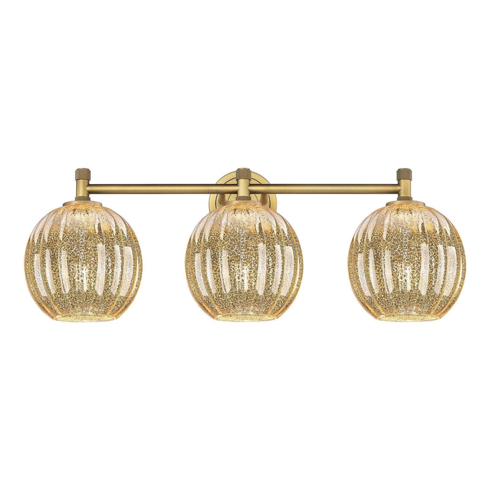 Innovations Preston Globe 25in 3-Light Bath Vanity | Industrial Brushed Brass and Mercury Glass | Bathroom Vanity Light | Model 434-3W-BB-G458-7ME