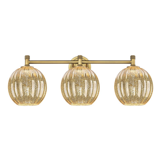 Innovations Preston Globe 25in 3-Light Bath Vanity | Industrial Brushed Brass and Mercury Glass | Bathroom Vanity Light | Model 434-3W-BB-G458-7ME