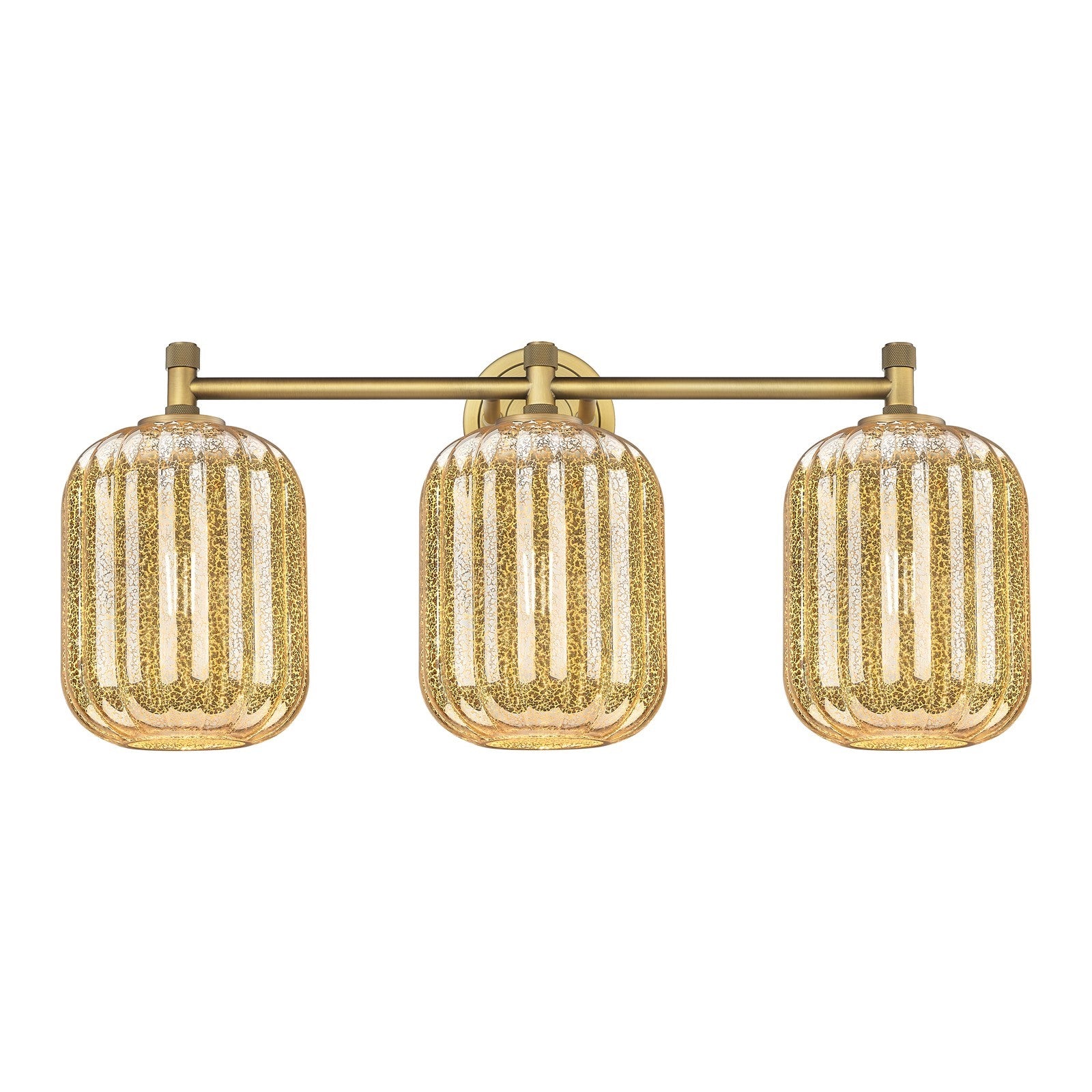 Innovations Preston Cylinder 25in 3-Light Bath Vanity | Industrial Brushed Brass and Mercury Glass | Bathroom Vanity Light | Model 434-3W-BB-G460-7ME