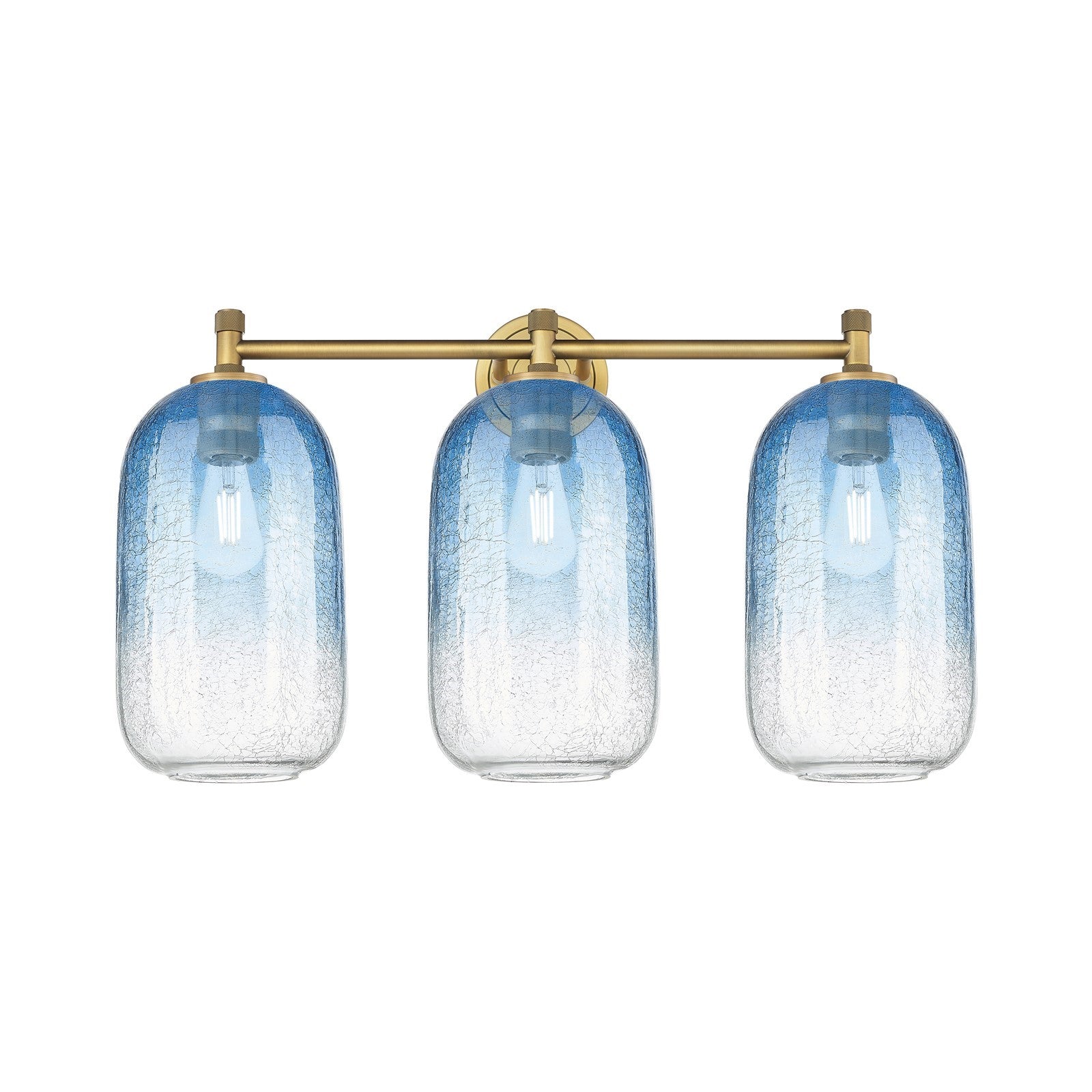 Innovations Brookhaven Cloche 25in 3-Light Bath Vanity Light | Industrial Brushed Brass and Sapphire Blue Glass | Bathroom | Model 434-3W-BB-G482-7SB