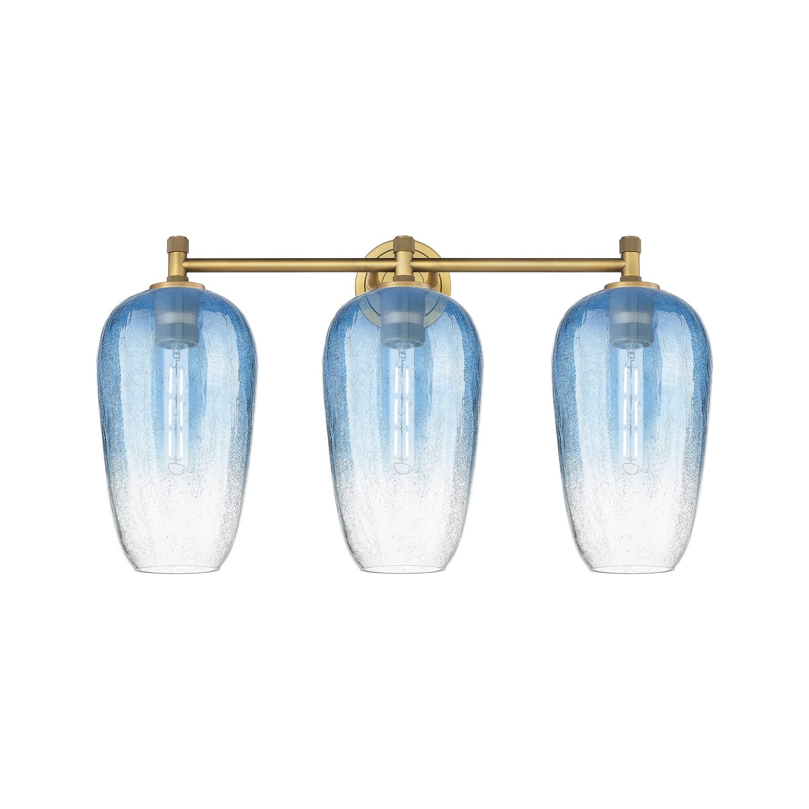 Innovations Brookhaven Flute 25in 3-Light Bath Vanity | Industrial Brushed Brass and Sapphire Blue Glass | Bathroom | Model 434-3W-BB-G484-7SB