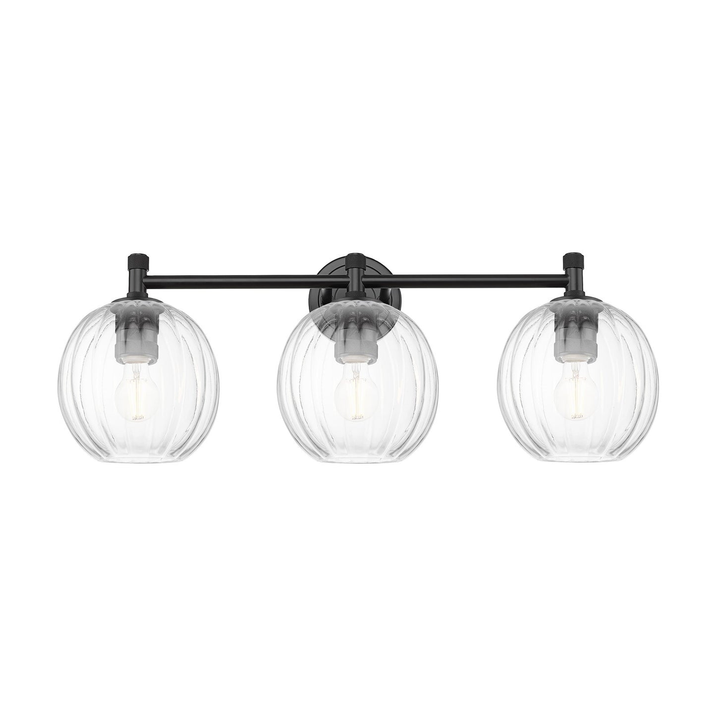 Innovations Preston Globe 25in 3-Light Bath Vanity | Industrial Matte Black and Clear Glass | Bathroom & Powder Room | Model 434-3W-BK-G458-7CL