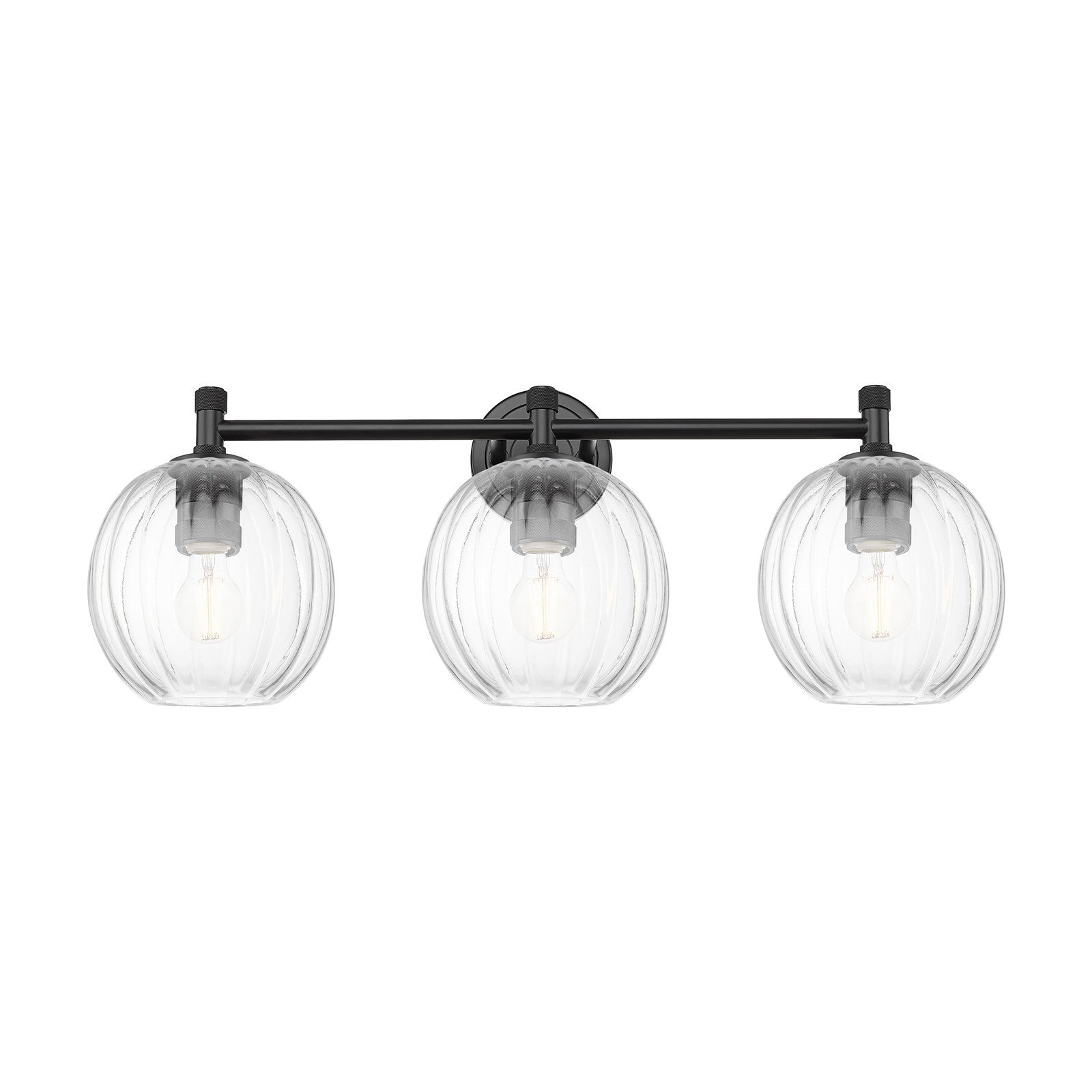 Innovations Preston Globe 25in 3-Light Bath Vanity | Industrial Matte Black and Clear Glass | Bathroom & Powder Room | Model 434-3W-BK-G458-7CL
