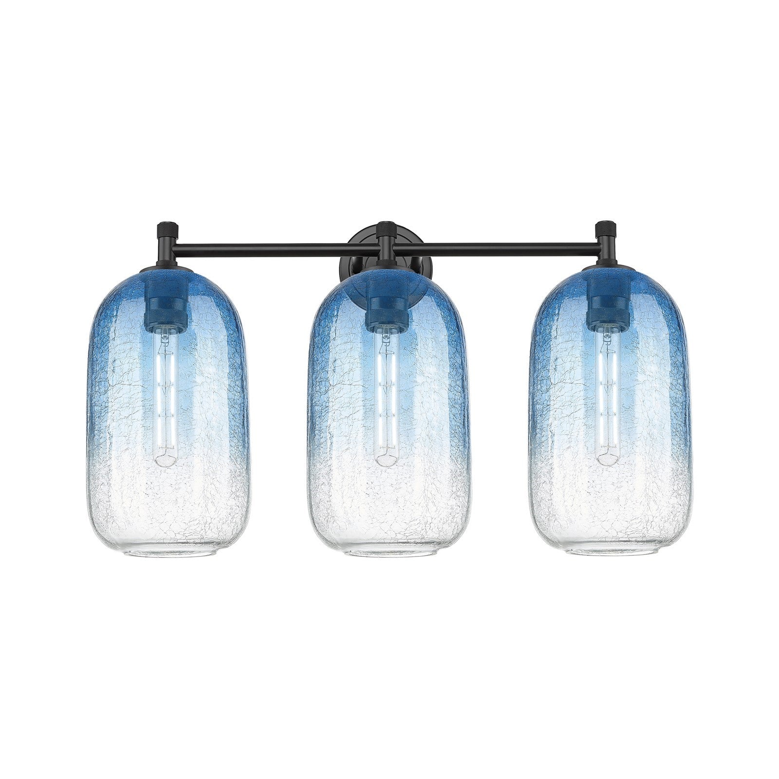 Innovations Brookhaven Cloche 25in 3-Light Bath Vanity | Industrial Matte Black and Sapphire Blue Glass | Bathroom | Model 434-3W-BK-G482-7SB