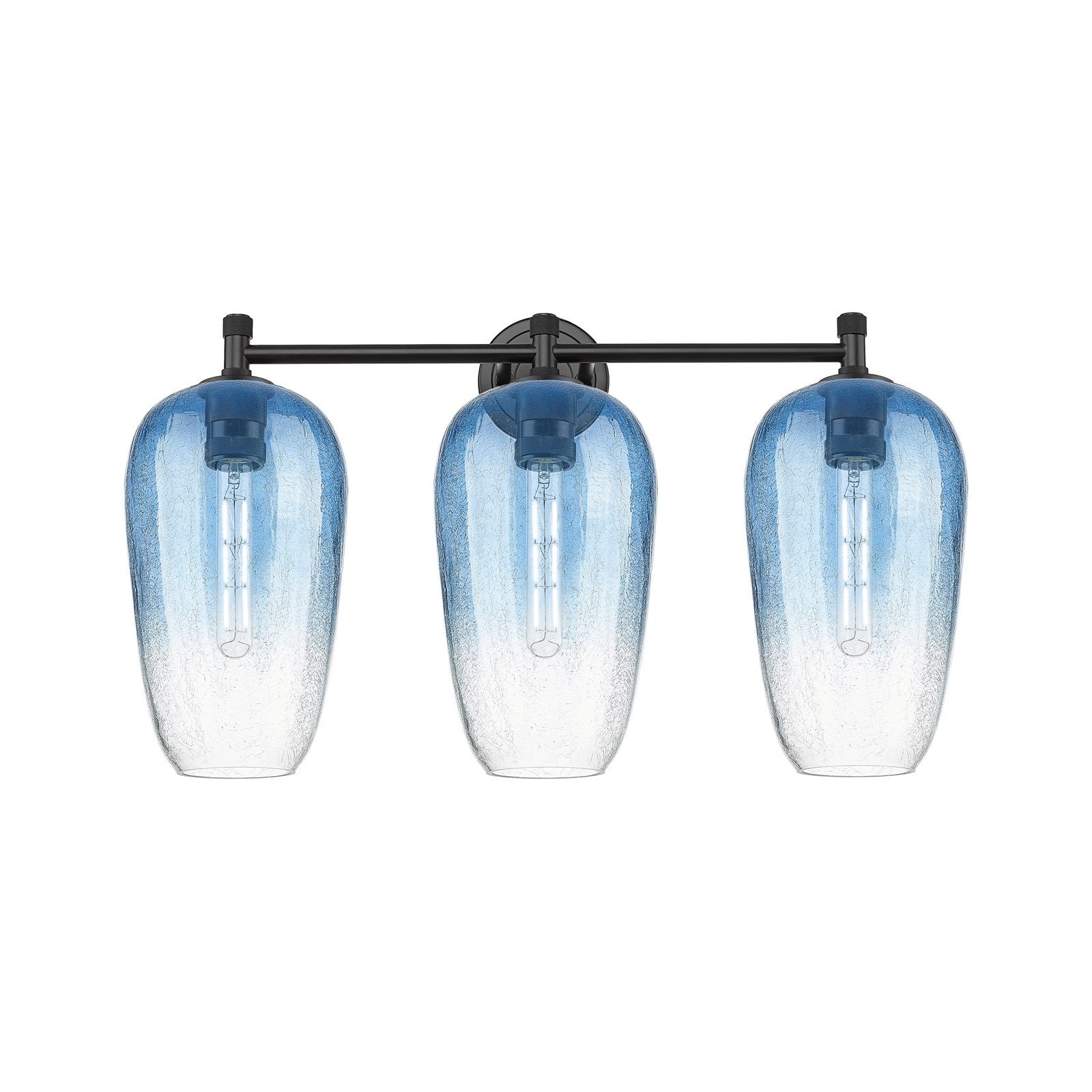 Innovations Brookhaven Flute 25in 3-Light Bath Vanity | Industrial Matte Black and Sapphire Blue Glass | Bathroom & Powder | Model 434-3W-BK-G484-7SB