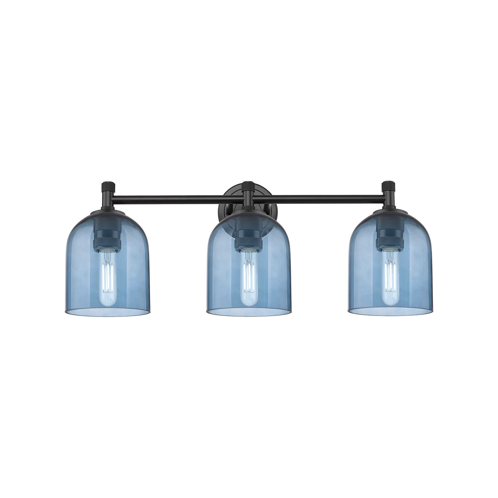 Innovations Bella 23in 3-Light Bath Vanity | Industrial Matte Black and Blue Glass | Bathroom & Powder Room | Model 434-3W-BK-G558-6BL