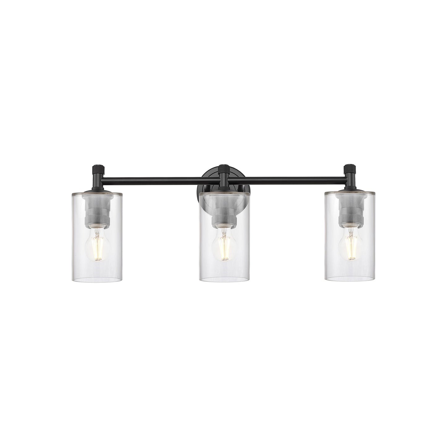 Innovations Clymer 22in 3-Light Bath Vanity | Industrial Matte Black and Clear Glass | Bathroom & Powder Room | 21.62 x 9.38 in | Model 434-3W-BK-G802