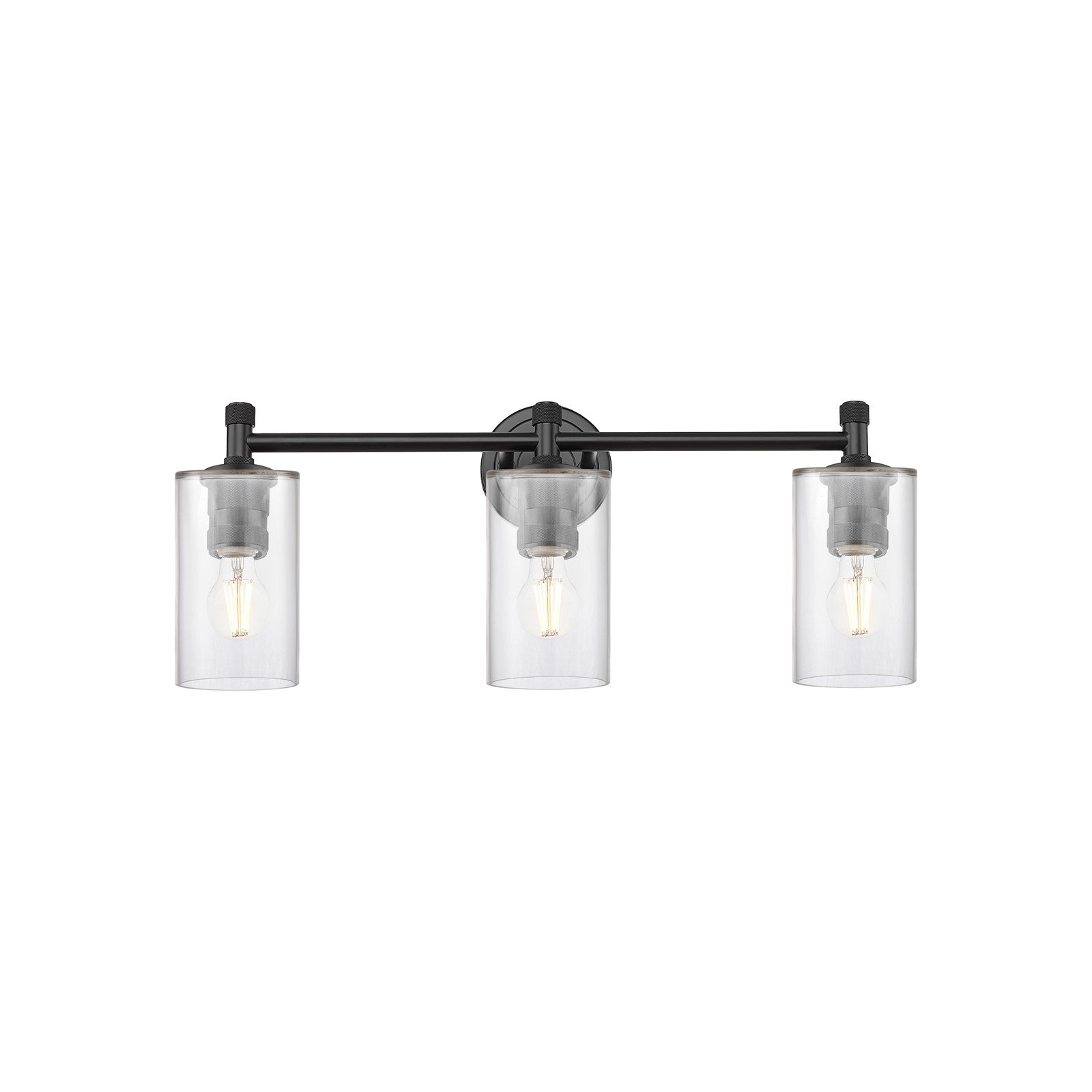 Innovations Clymer 22in 3-Light Bath Vanity | Industrial Matte Black and Clear Glass | Bathroom & Powder Room | 21.62 x 9.38 in | Model 434-3W-BK-G802
